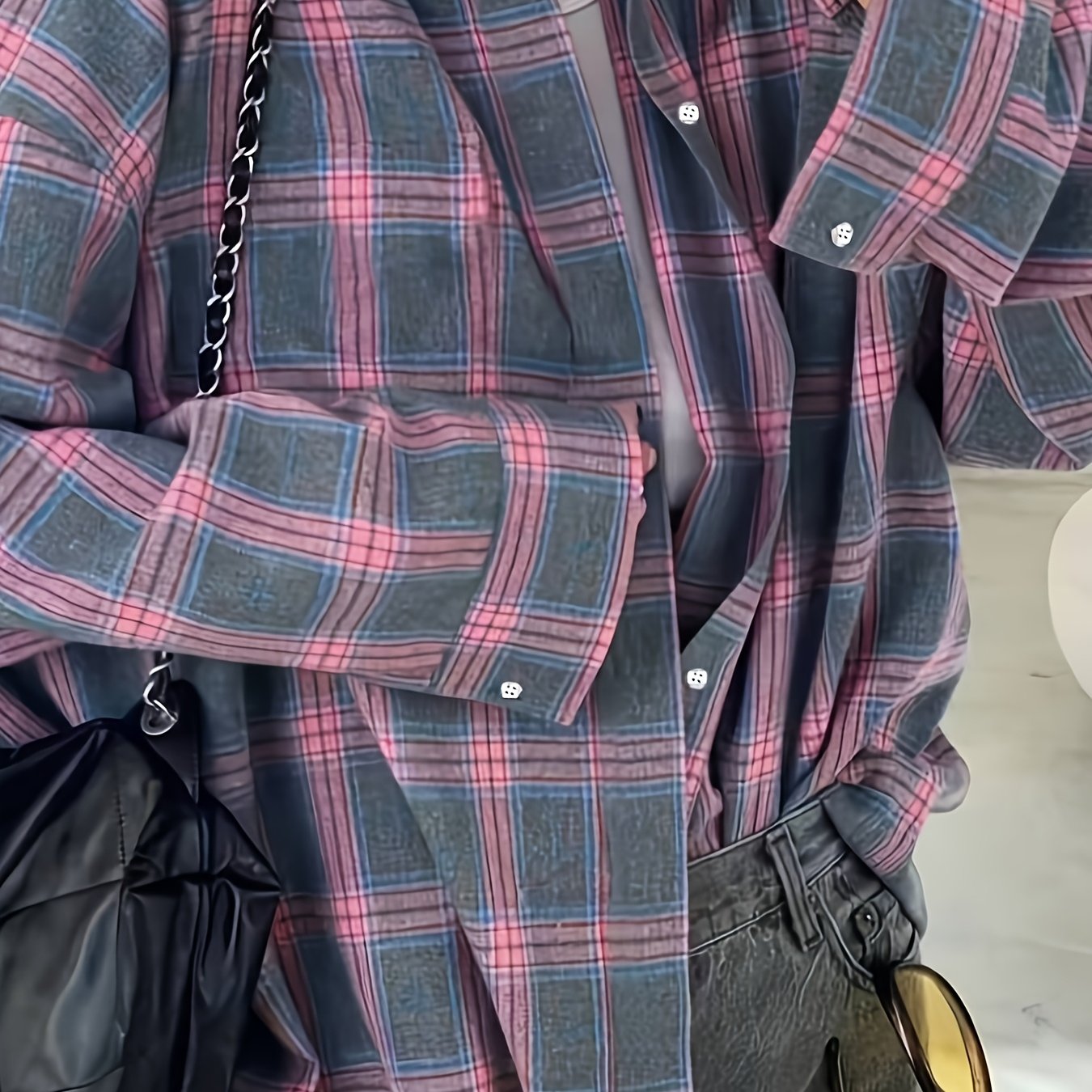 Image of Women's Plaid Print Button- Collar Long Sleeve Shirt, Suitable For Spring And Autumn Holidays, Parties, And Travel Outfits