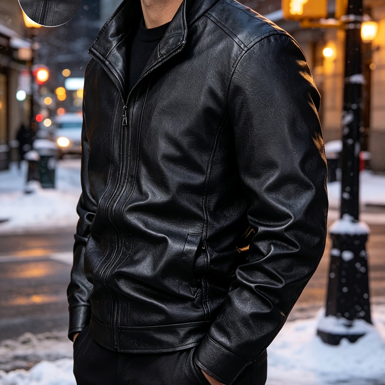 TEMU Men's Motorcycle Pu Leather Jacket, Solid Color Stand Collar Zipper Windproof Jacket, Versatile Top For Daily Wear In Multiple , Autumn, And