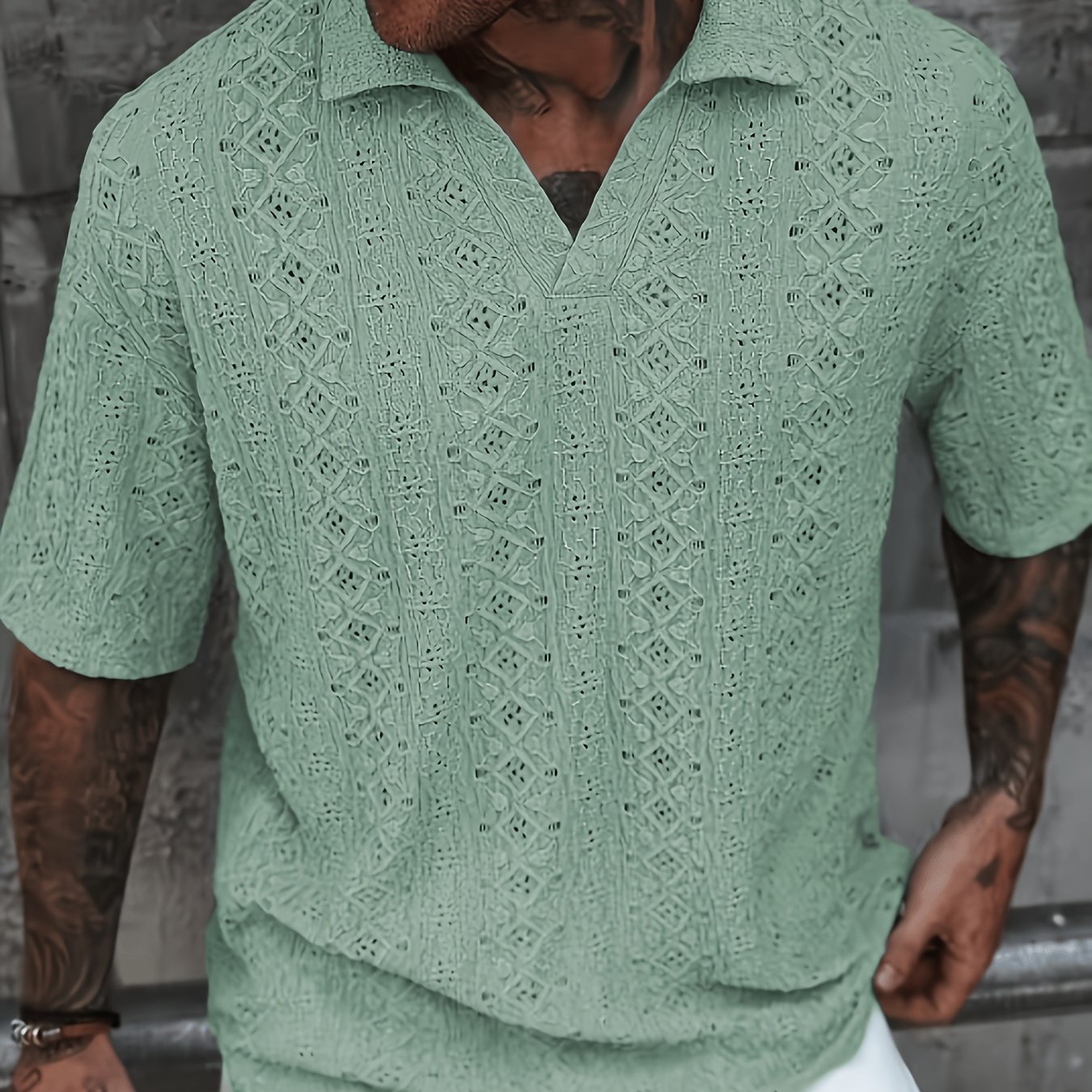 Image of Brother Plus Size Men's Knit Texture Hollow Jacquard Henley Shirt Short Sleeve Casual Top T-shirt For Men, Plus Size