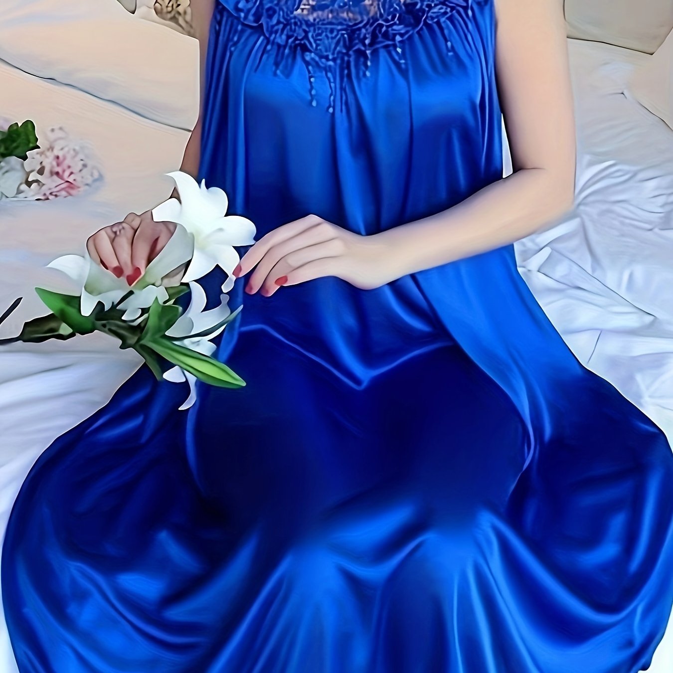 E-shop Elegantes Damen Nachtkleid mit kontrastierendem Spitzenmuster, Rundhals Tank Kleid, bequemes Nachthemd