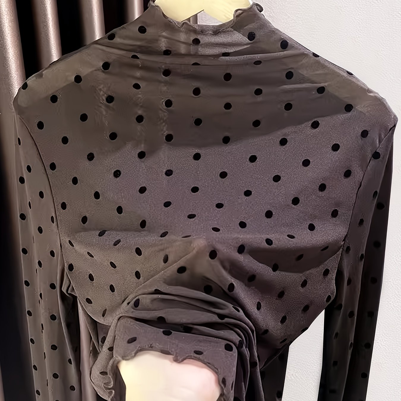 Image of Spring And Autumn Pure Lusty Fashion Mesh Top Sheer Hollow Inner Lace Blouse Semi-high Neck Long Sleeve Base Layer