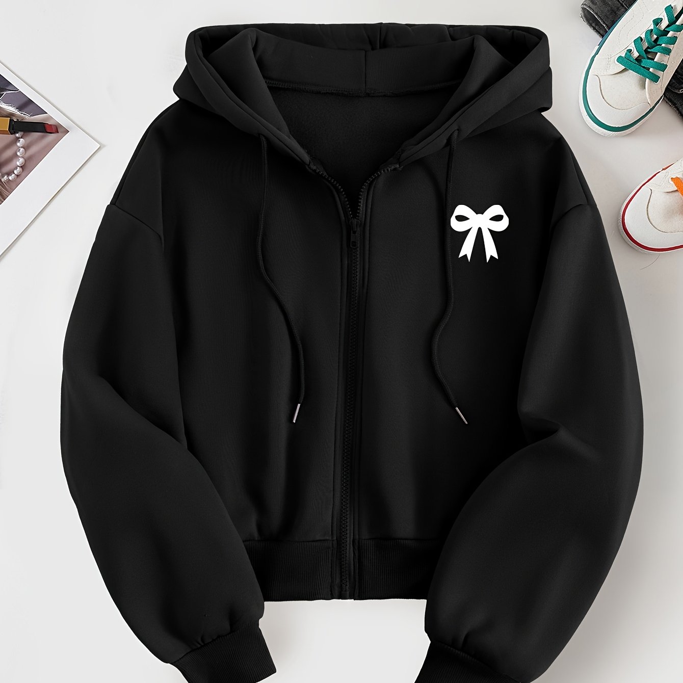 TEMU D139 - Women's Cropped Hooded Sweatshirt, Trendy And Creative Minimalist Bow Pattern Chest Print, Beautiful And Stylish Loose-fit Autumn/winter