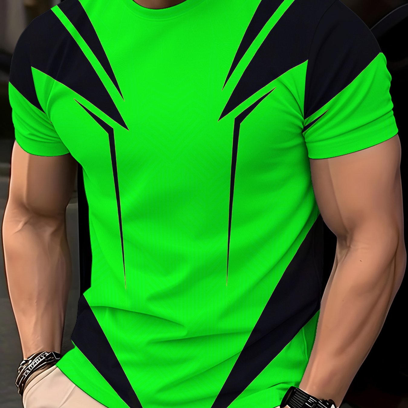 TEMU Printed Design â Not Textured Men's -block Short-sleeve Top, Fluorescent Green And Black Spliced Design, Simple And Stylish Crew Neck Style,