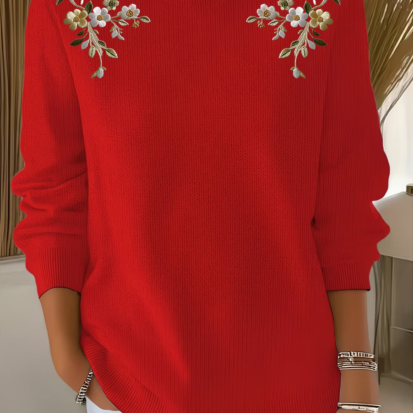 TEMU New Women's Indoor Sweater, Round Neck Long Sleeve Sweater With Embroidered Printed Pattern Top
