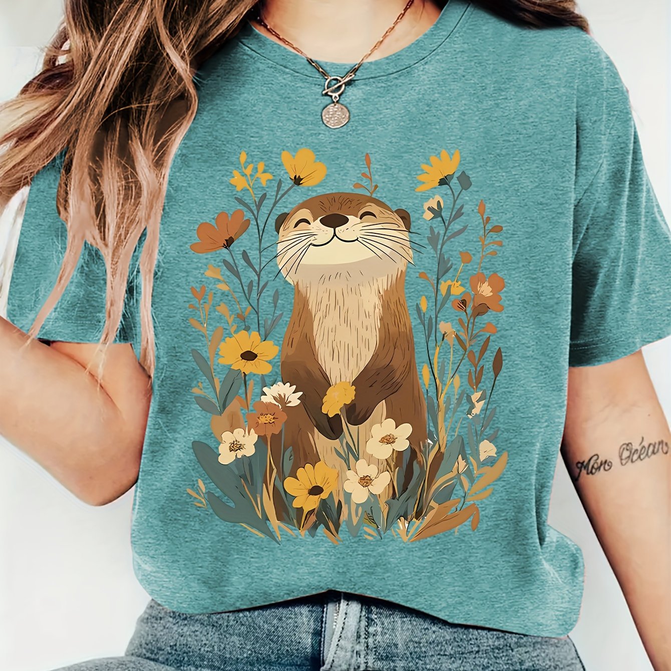 TEMU Women's Short-sleeve T-shirt With Otter & Botanical Print - Soft Round Neck Blouse, S-xxl In Multi-colors | - Casual & Dressy Outfits | Machine