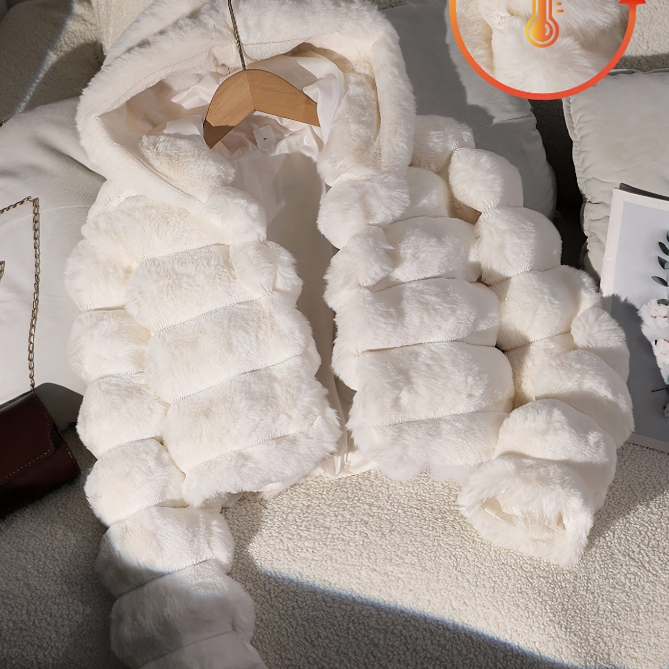 TEMU Girls' Hooded Jacket 2026 Winter New Arrival, White Thickened For Middle And Older Kids, Children's Warm And Stylish Spliced Sweater Jacket