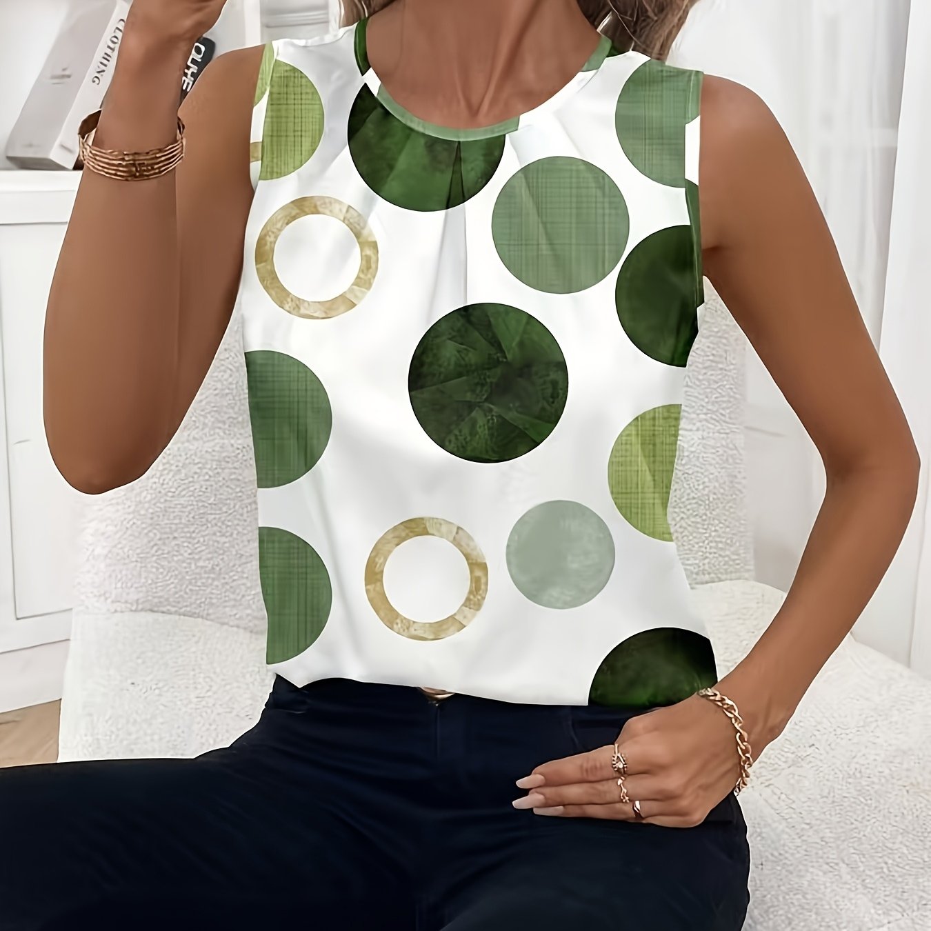 Ladies' Spring/summer Elegant Contrast Color Polka Dot Print Sleeveless Round Neck Shirt