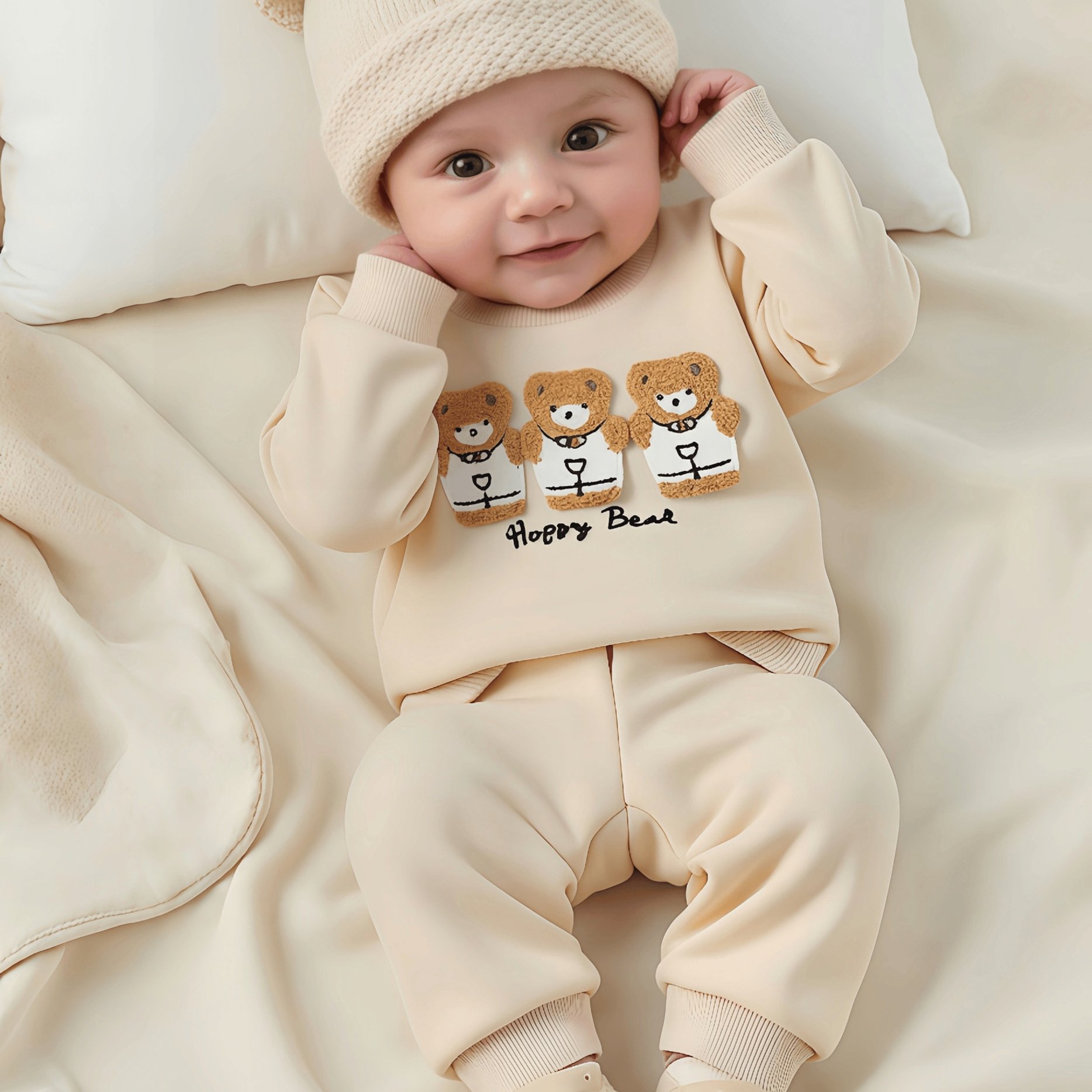 E-shop Neugeborene Baby Jungen Cartoon Bär Besticktes Sweatshirt Passende Bequeme Freizeit Langarmhose 2-teiliges Set, für Herbst Winter, Ideal für