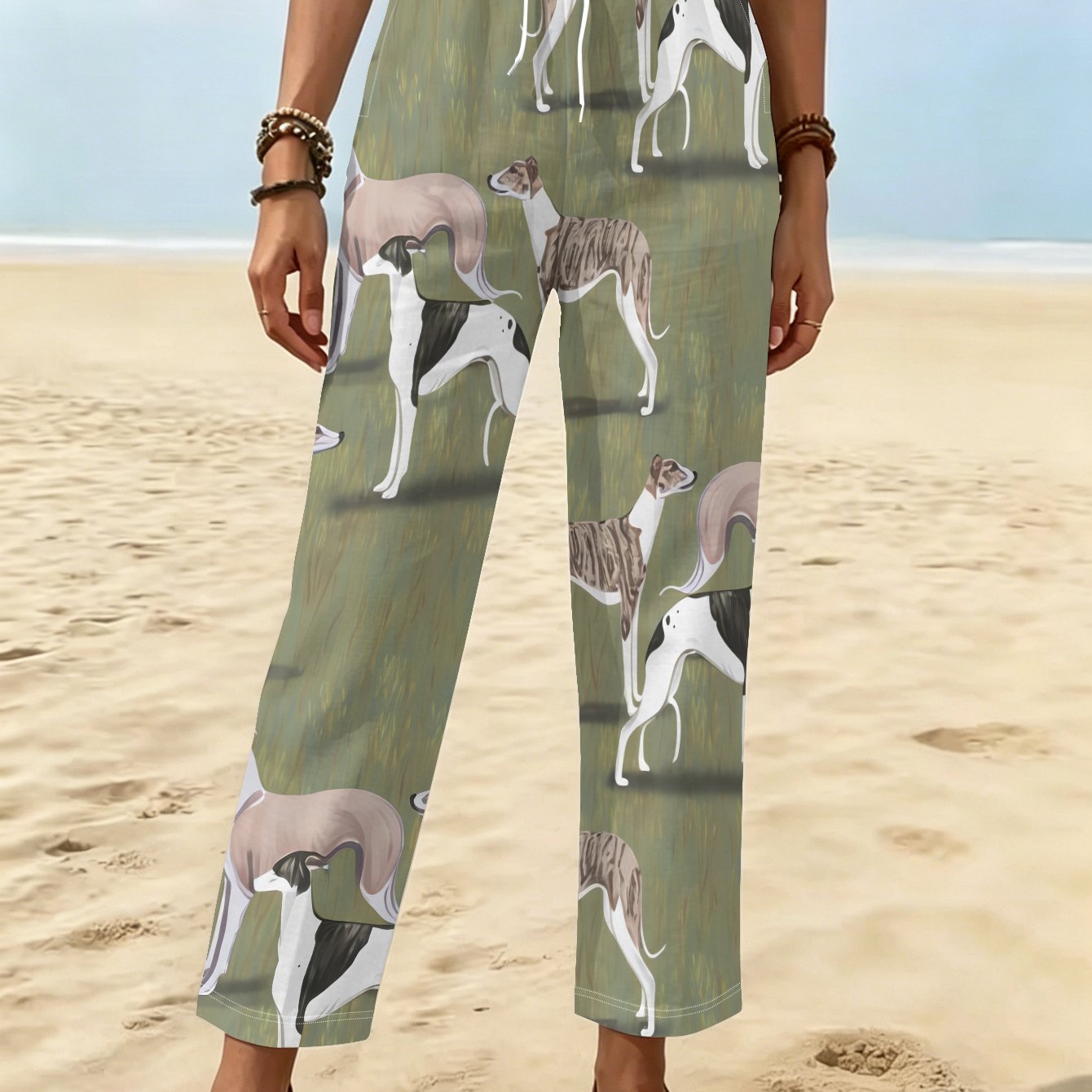 TEMU Women's Casual Pants With A Pattern Of Multiple Greyhounds In Poses On A Grass-green Background, Featuring A Drawstring