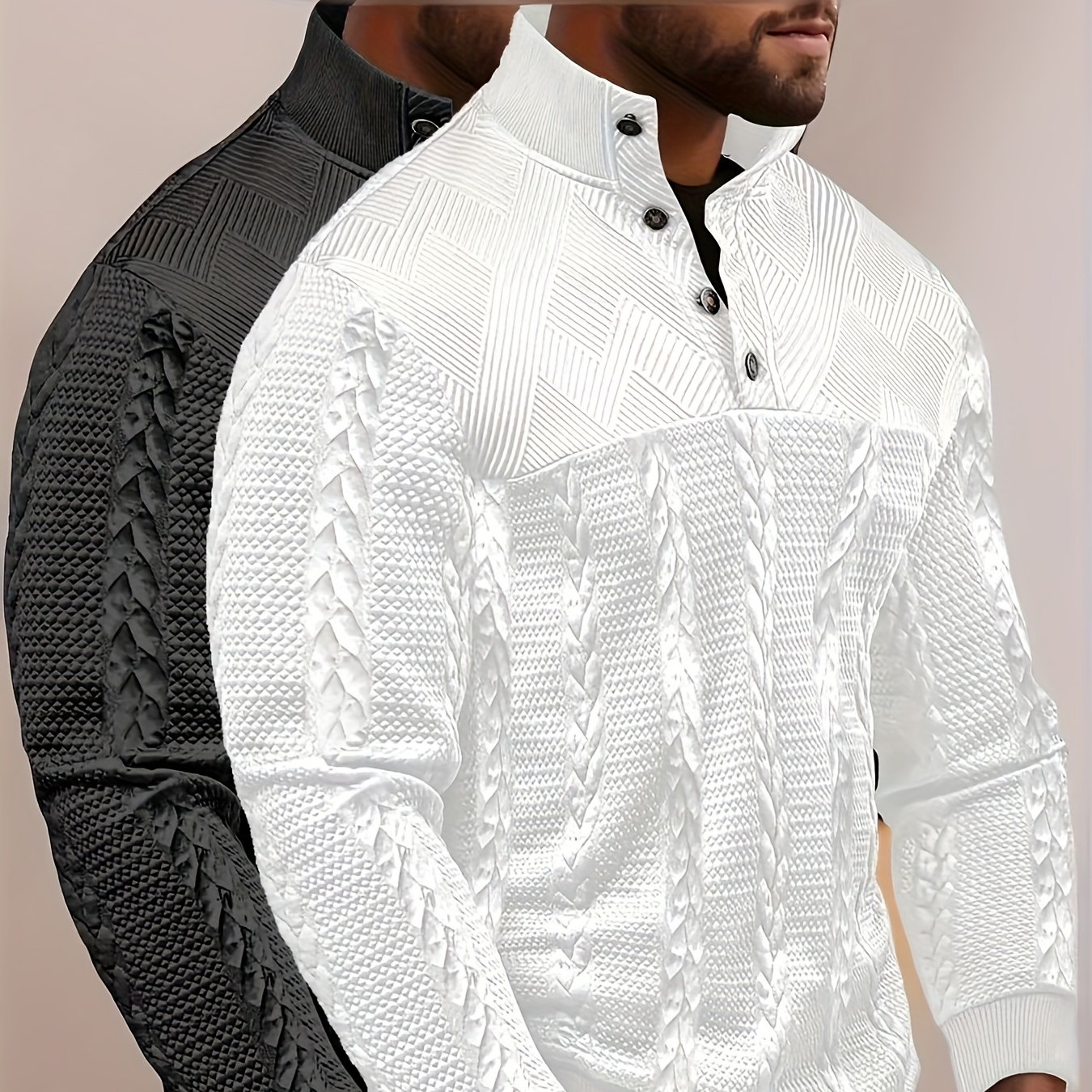 TEMU Men's Henley Collar Button- Fit Jacquard Knit Sweater 2pcs Set Solid Retro Wheat Texture Fashion Casual Base Layer Outerwear Warm Top