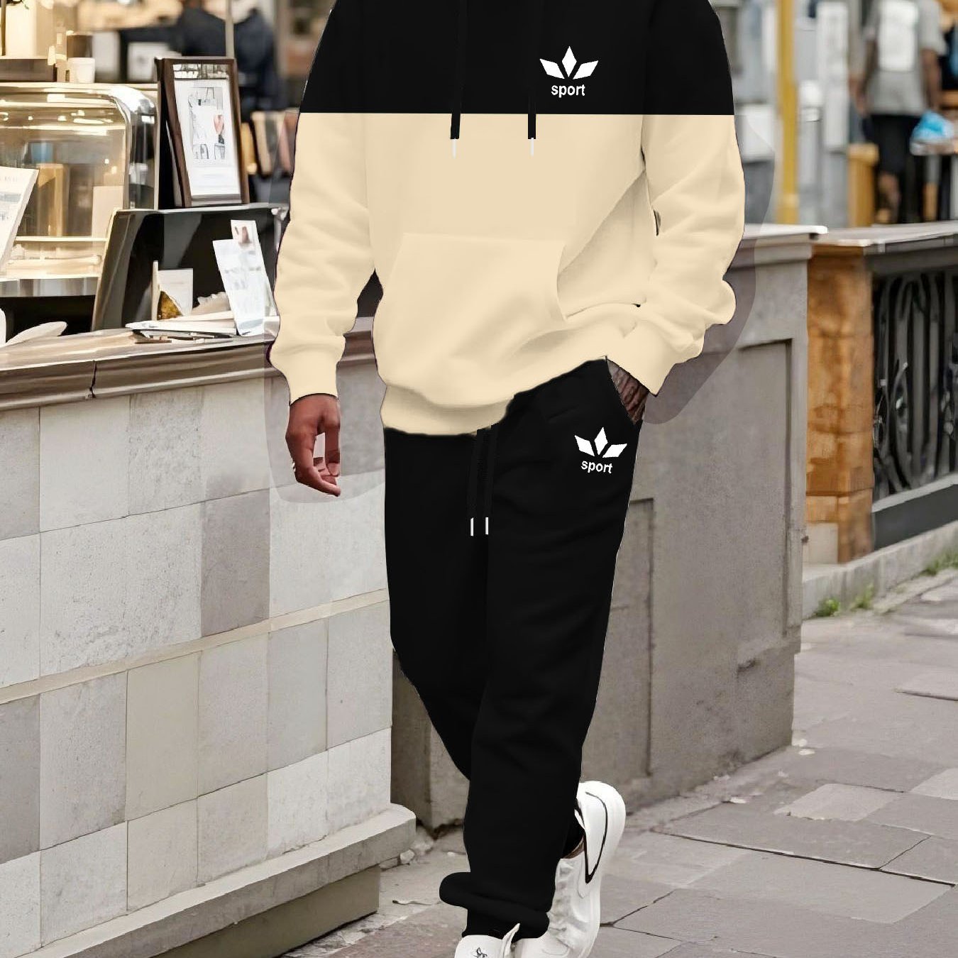 Image of Men's Autumn And Winter Color Block Printed Hoodie And Sweatpants Two-piece Set, Suitable For Outdoor Sports & Casual Fitness