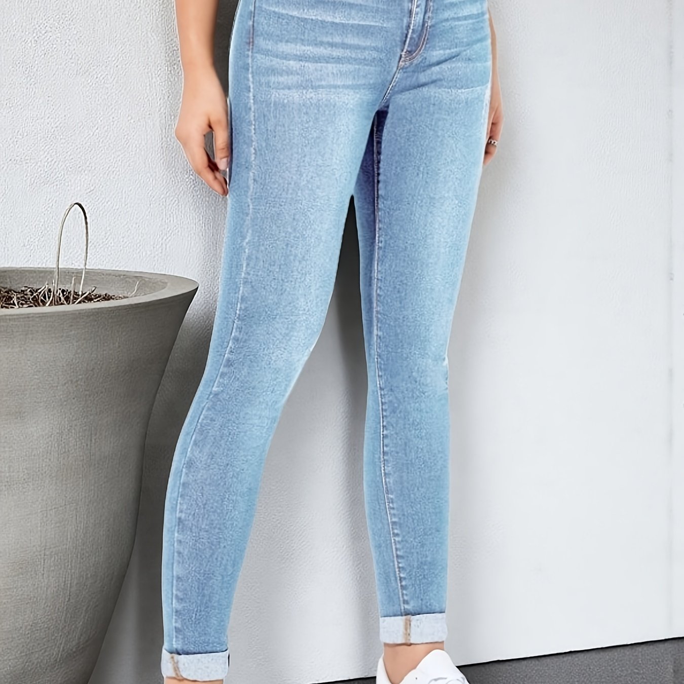 Image of Fashionable Stretch Casual Ripped Jeans With Rolled Toe Hem, Street Style Women's Pants