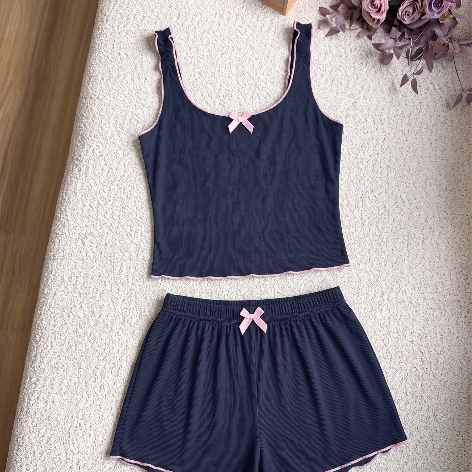 TEMU Women's Summer New Pajamas, Casual Solid Color Vest And Shorts, Rayon Modal Fabric, Comfortable And Cool, Bow Detail