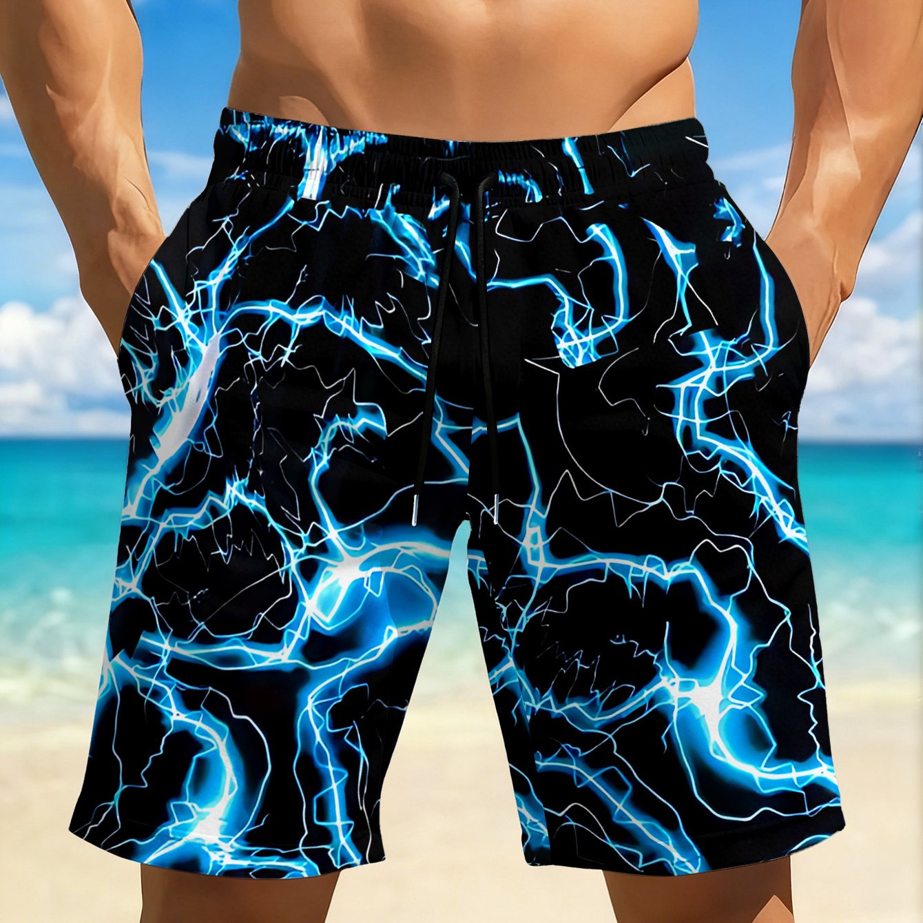 TEMU Men's Quick-drying Breathable Beach Shorts, Featuring Colorful Printed Designs, Elastic Waistband With Drawstring, And Pockets, Shorts Are