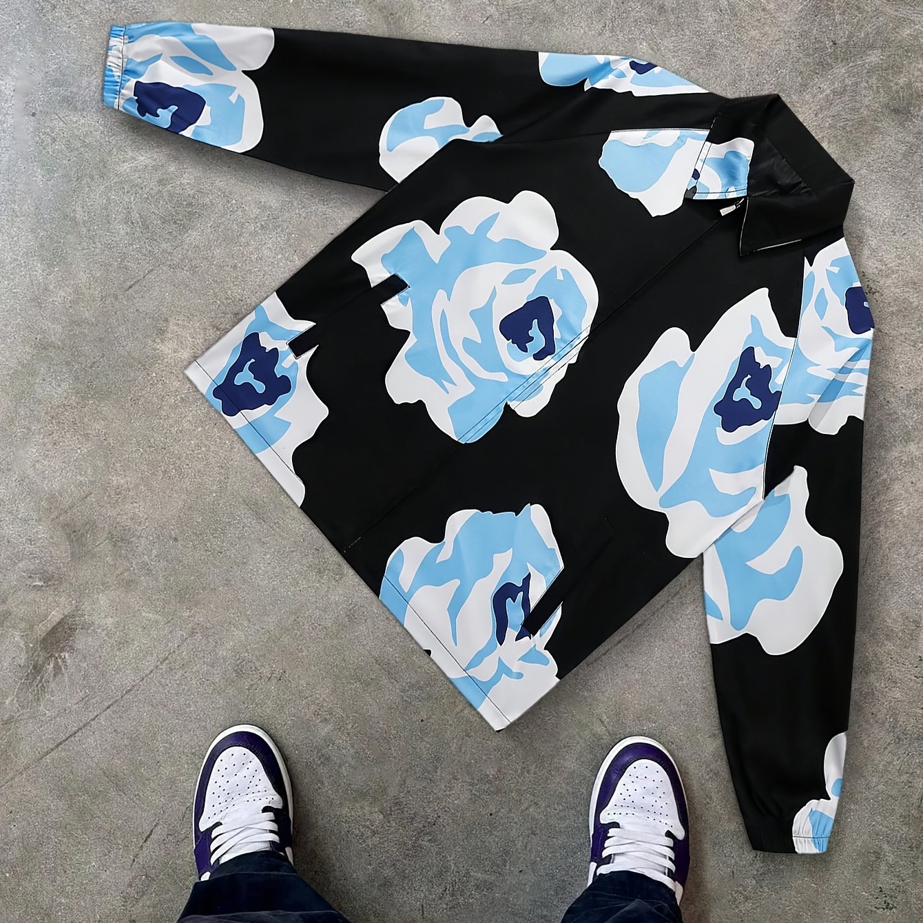 TEMU Men's Lightweight Casual Printed Jacket, Floral Pattern Coat, Retro Style, Fashionable Overcoat, Long Sleeves, Lapel Zipper Design, Suitable For