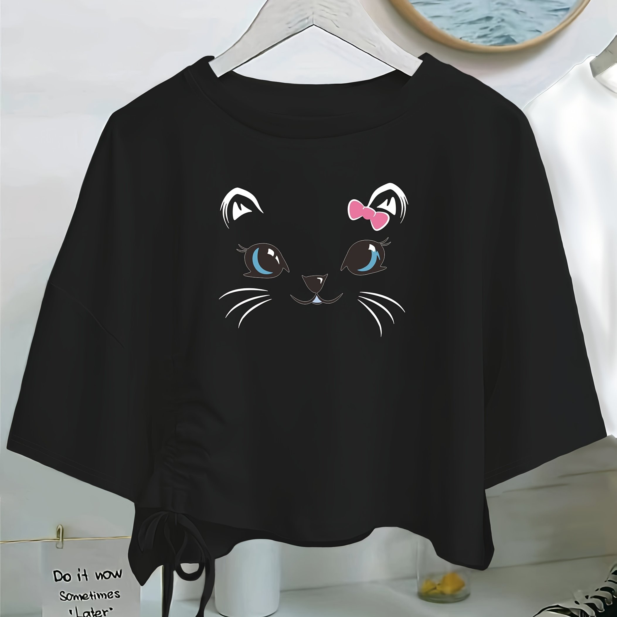 TEMU 1pc Of New Women's Short-sleeve Round-neck T-shirt With Cat Print And Drawstring