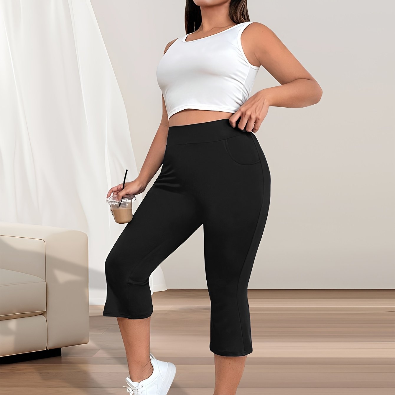 Plus Size Women's High-waist Stretch Flare Pants, Fashion Athletic Comfortable With Pockets, Washable Capri Length