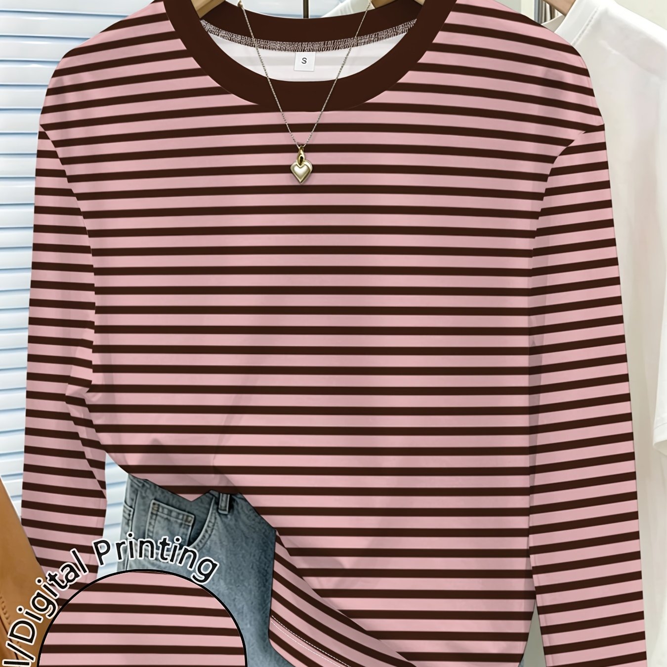TEMU Women's Striped Printed Crew Neck Long Sleeve T Shirt Casual Summer Tops