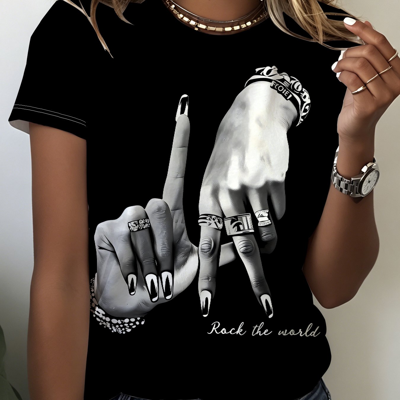 TEMU Summer New Women's Black Printed Round Neck Short Sleeve T-shirt, Casual Short Sleeve Streetwear T-shirt