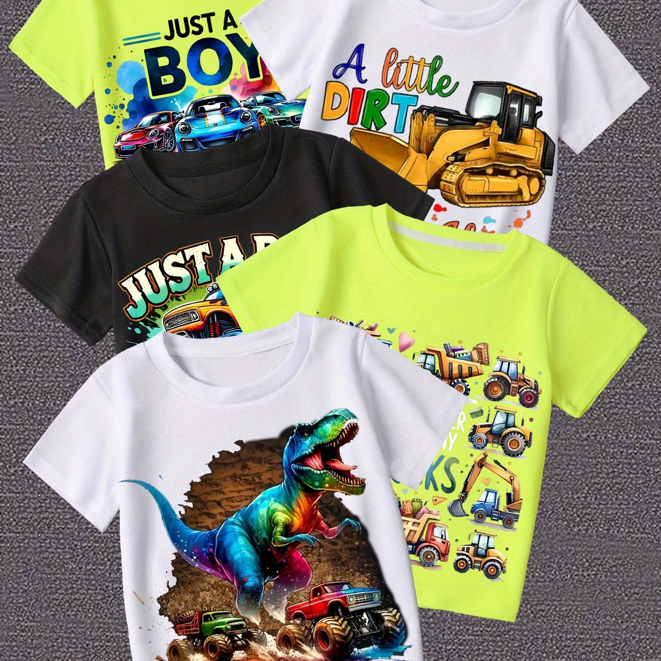 Image of Children Boys Dinosaur Small Truck Multi-class T-shirt Summer Short Sleeve Boys Clothing Must-have T-shirt Small Truck Summer Clothing 5pcs Set