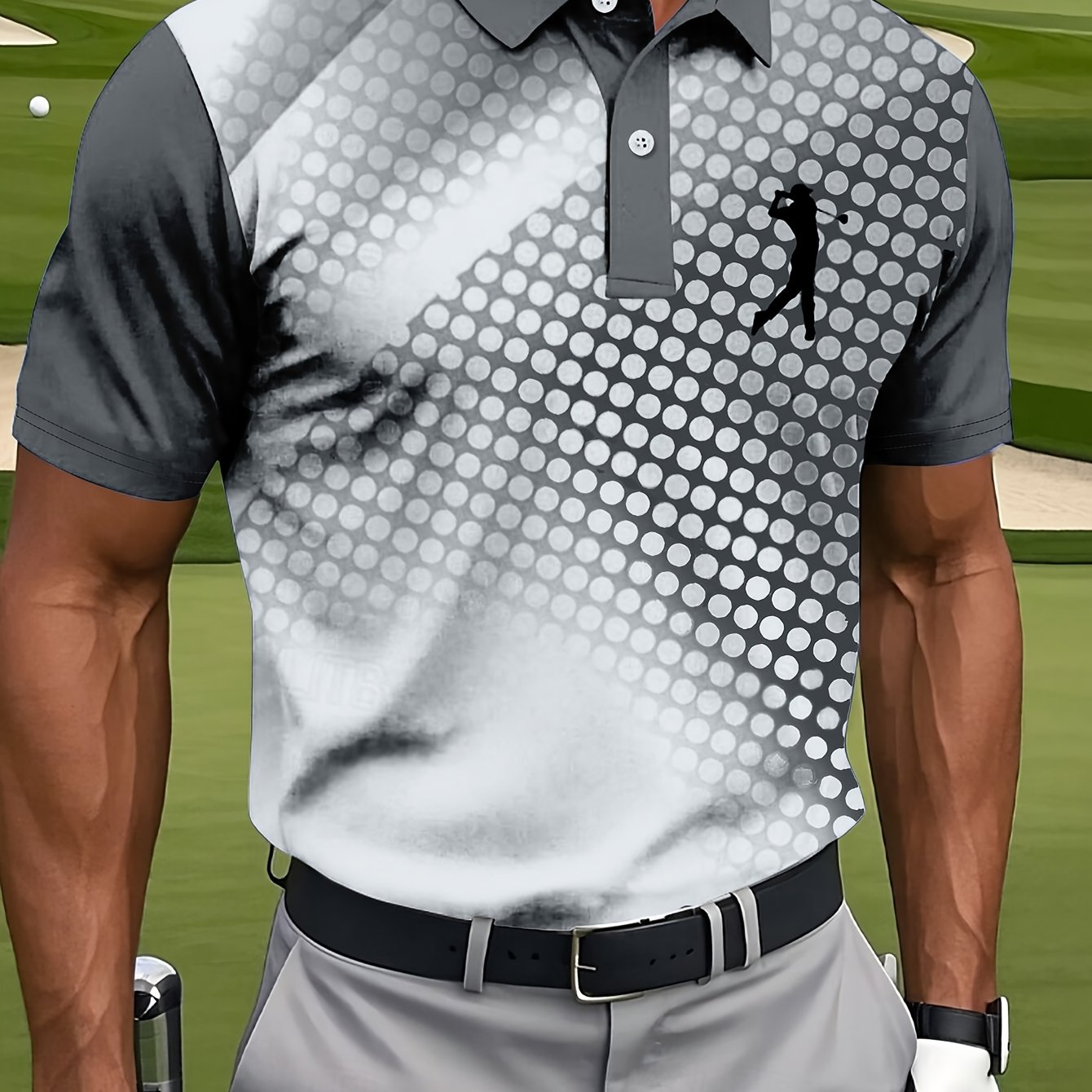 TEMU Men's Golf Shirt, Fashionable Blue And White Gradient Pattern, Suitable For Outdoor Activities