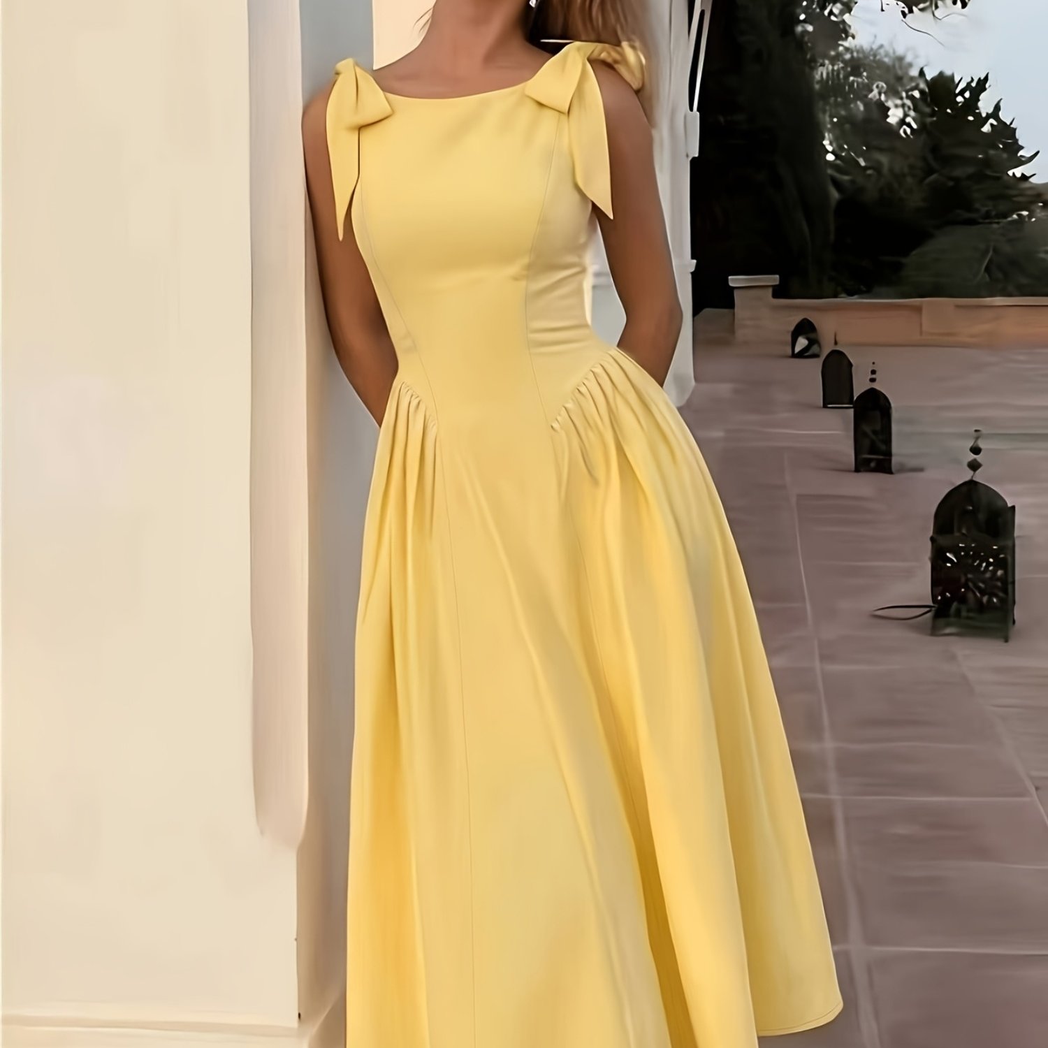 TEMU Retro Style Bow Strap Dress For Women With A Cinched Waist And A Large Swing Hem, Making It And Tall. Shoulder Straps Add A Touch Of Gentleness,