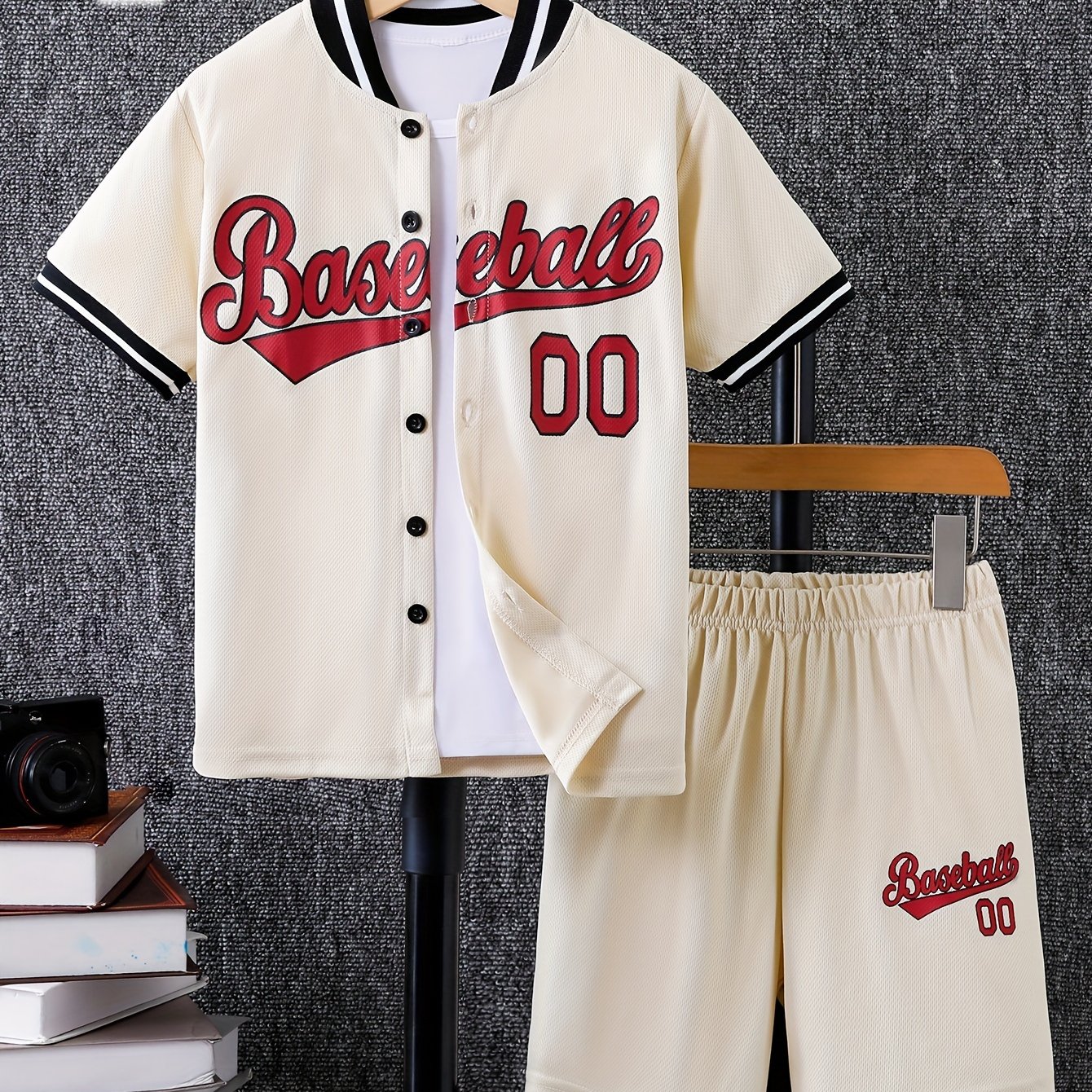 Image of Boys' Summer Shirt With Letter Print And Casual Shorts Set, Perfect For Outdoor