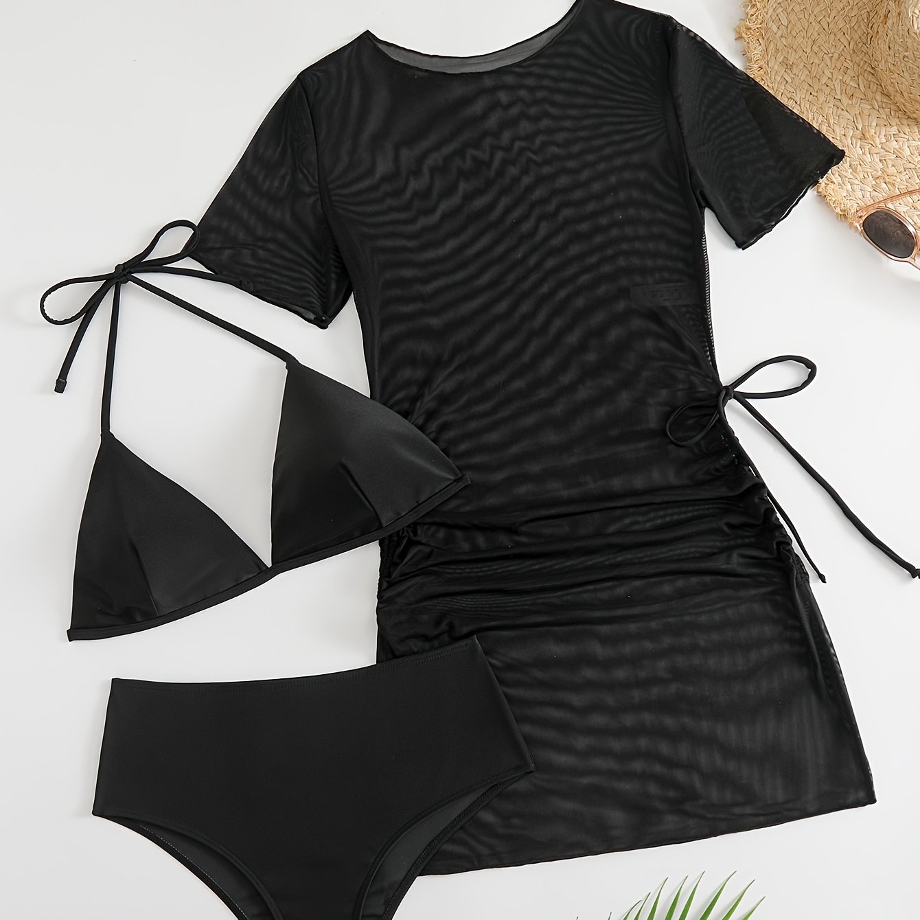 E-shop Auslandskauf Dreiteiler Set Bindenhemd Einfarbig Bedruckt Sexy Bikini Badeanzug Damen Split Dreiteiler Badeanzug