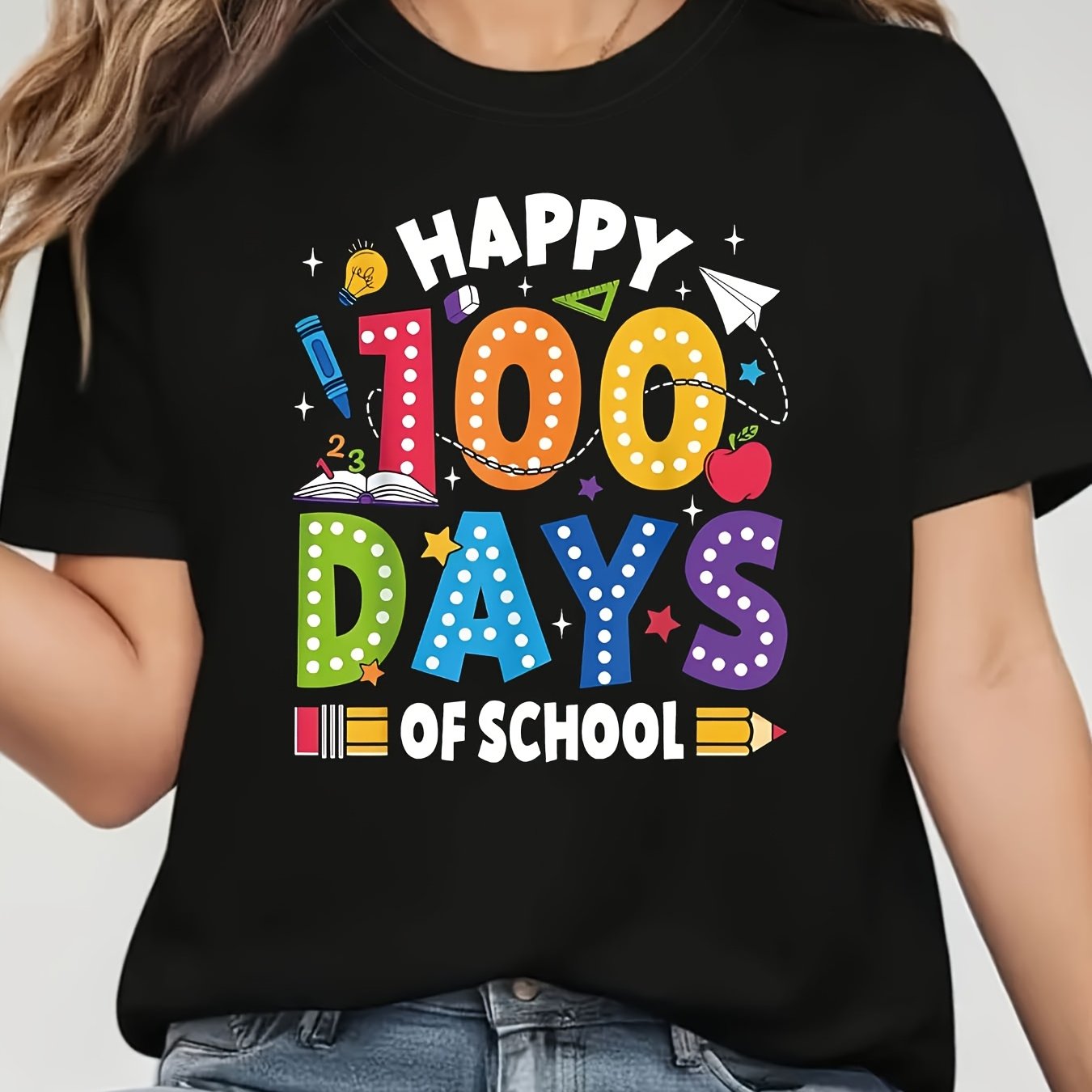 TEMU Campus Vitality Style 100 Days Of Printed T-shirt, Memorial Top, Short Sleeve Crew Neck Casual Top For Summer & Spring, Women's Clothing