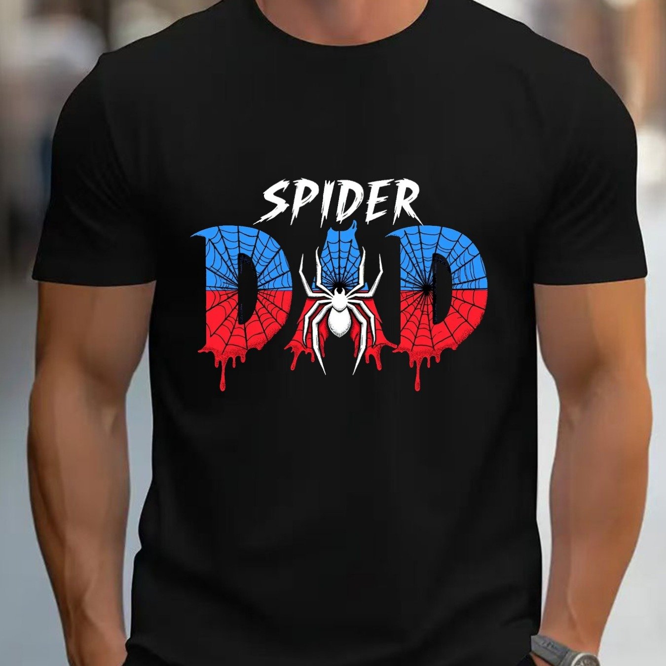 Image of 67 3 Graphic T-shirt For Men Spider Dad - Navy Blue T-shirt Inmicro-stretch Blend, Regular Fit, Casual Summer Shirt With Spider Web Design, Machine Washable, Casual Clothing, Print T-shirt, .