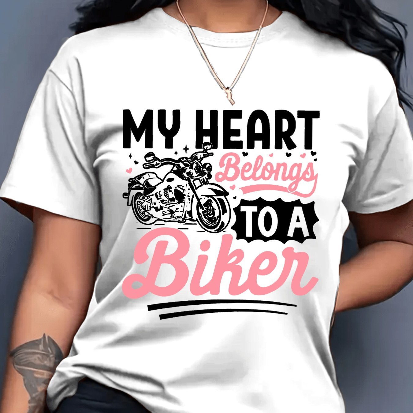 TEMU Women's Motorcycle Biker T-shirt - "my Heart To A Biker" Print Short Sleeve Top With Motorcycle Rider, Casual Riding Apparel Gift For , Machine
