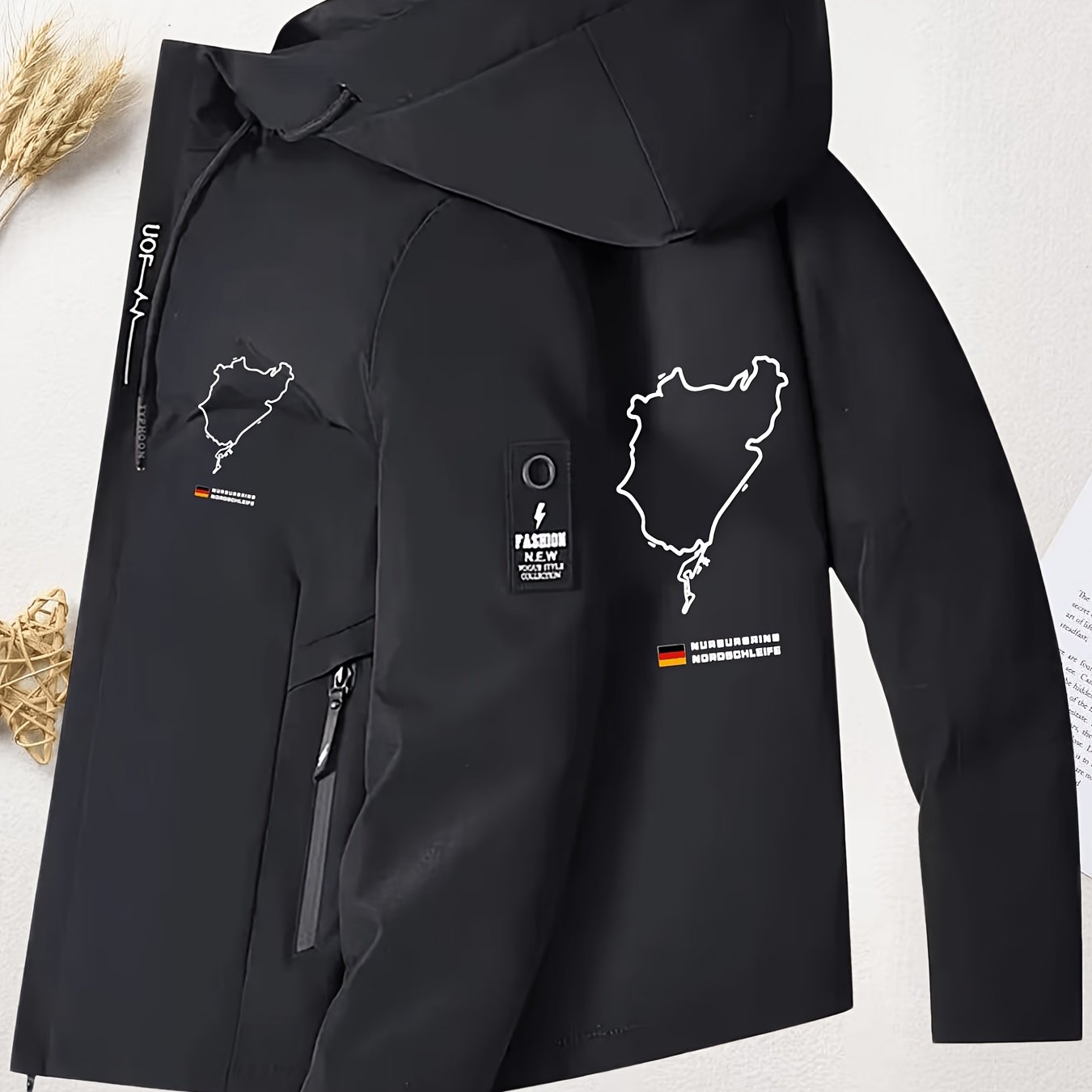 TEMU Men's Race Track Map Print Hooded Jacket, Spring/autumn Windproof Casual Outerwear