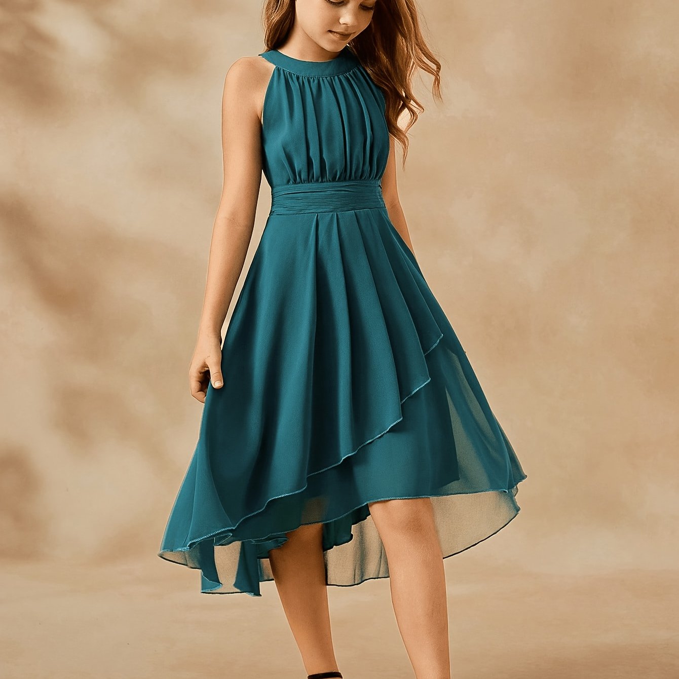 Elegant Prom Dress, Chiffon Small Lace Floral Halter Neck Midi Dress, Girls Fluffy Princess Dress Autumn And Winter Style