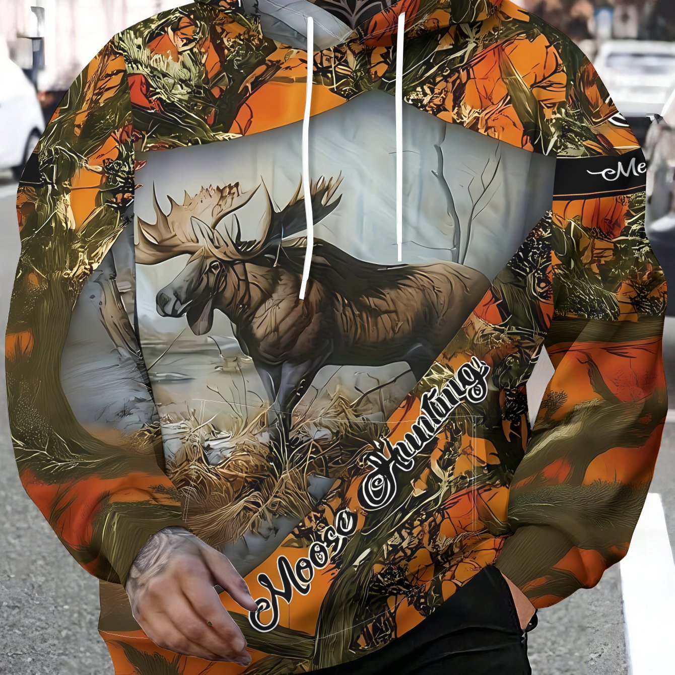 TEMU Men's Hooded Sweatshirt, Featuring A Main And "moosehunting" Lettering In Vibrant Colors