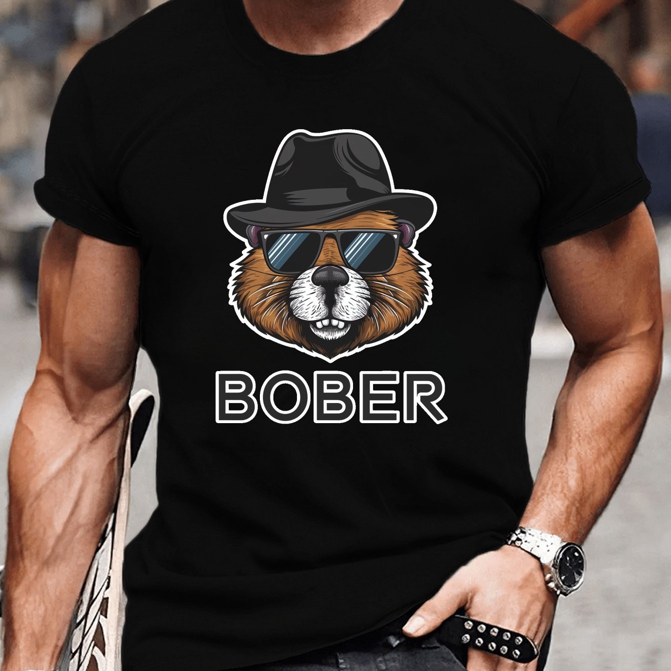 TEMU Beaver Graphic Tee For Men - Casual Short Sleeve, Breathable Polyester, Machine Washable - Fashion, Print, Tee Shirt
