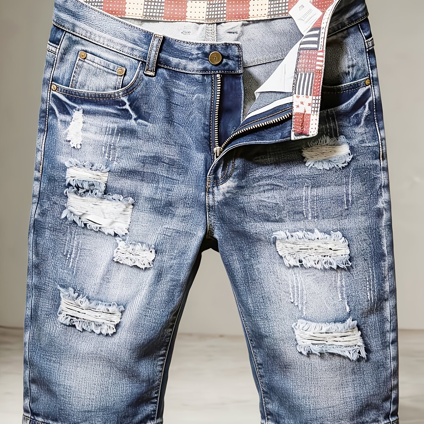 Image of Summer Ripped Fashion Straight-leg Men's Denim Shorts / Vintage Blue Men's Denim Shorts - Trendy Swaggery Mid-length Shorts