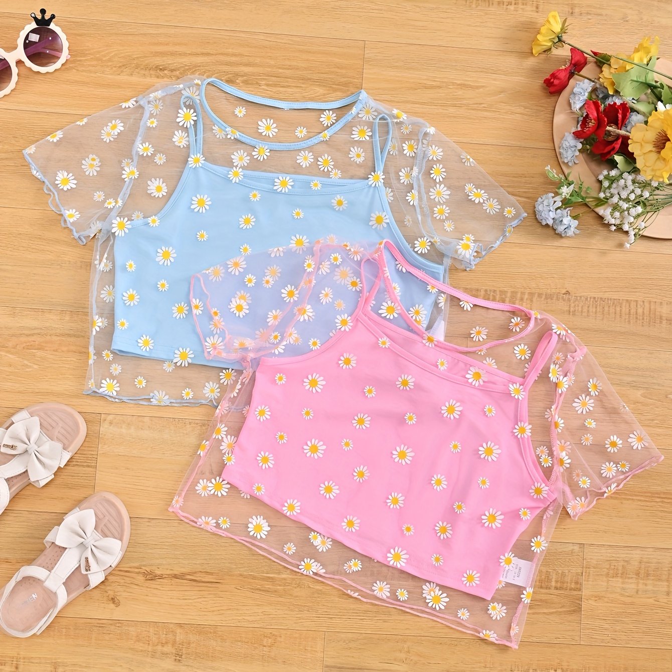 E-shop Mädchen-Rundhals-Blumenmuster-Mesh-T-Shirt, inklusive Träger-Camisole Mesh-Top, Vierer-Set