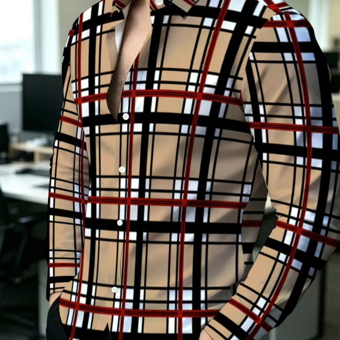 TEMU Khaki Plaid Long-sleeve Shirt, Business Casual Lapel Button-up Cardigan, Slim Fit Comfortable Commuter Top For Spring And Autumn, Versatile