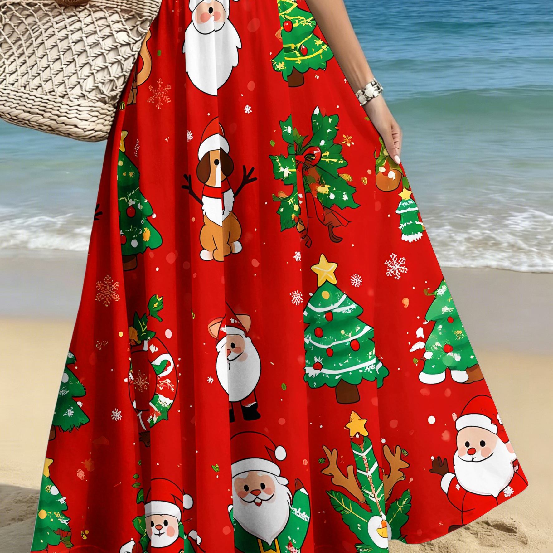 TEMU Women's Plus Size Elegant And Stylish Midi Skirt, Casual Printed Midi Dress, Christmas-themed Cartoon Pattern Print, Suitable For