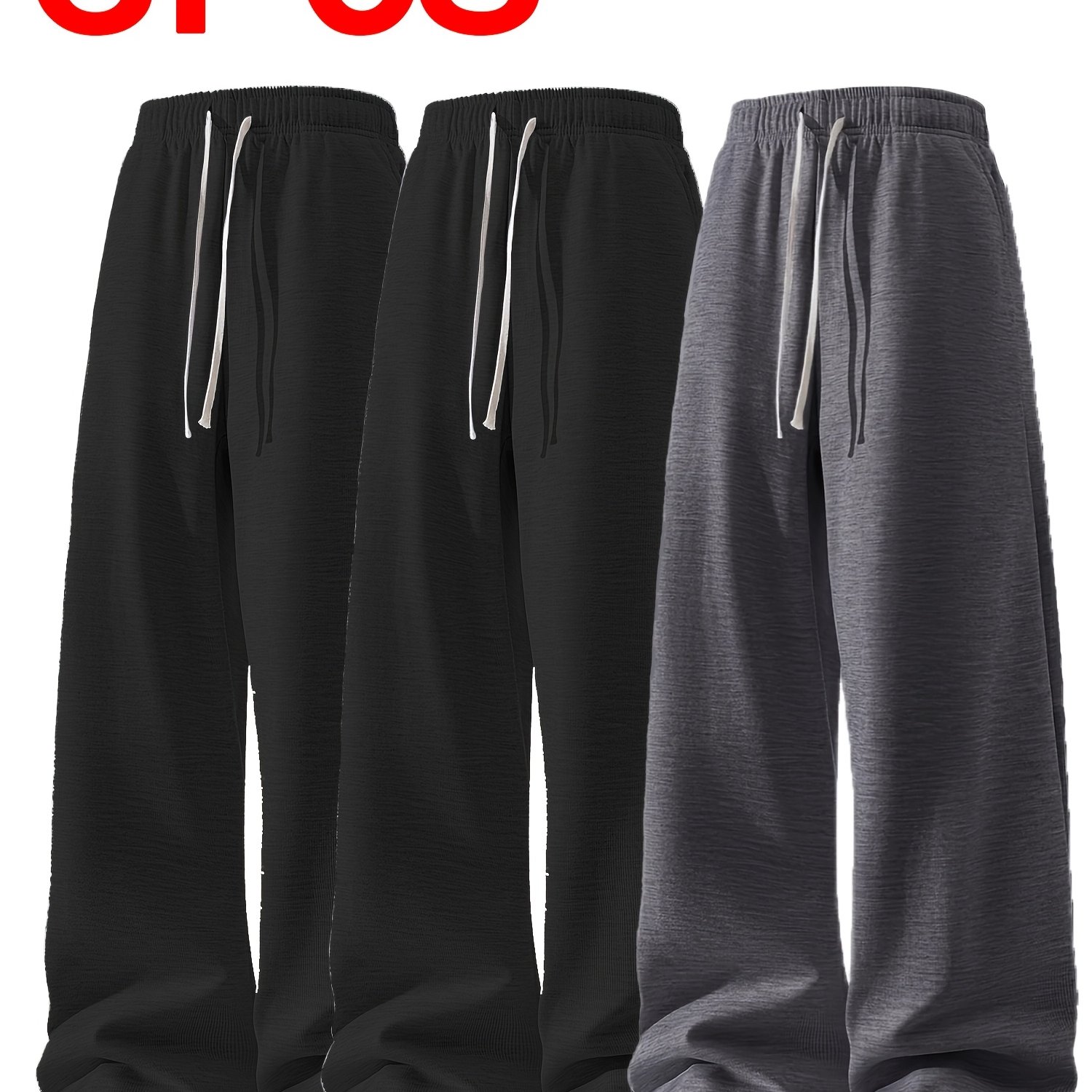 TEMU 3pcs Men's Lightweight Soft Joggers - Loose Fit Straight Leg Pants Waist, Light Grey & Black/dark Grey, Suitable For Gym, Casual Wear, Everyday