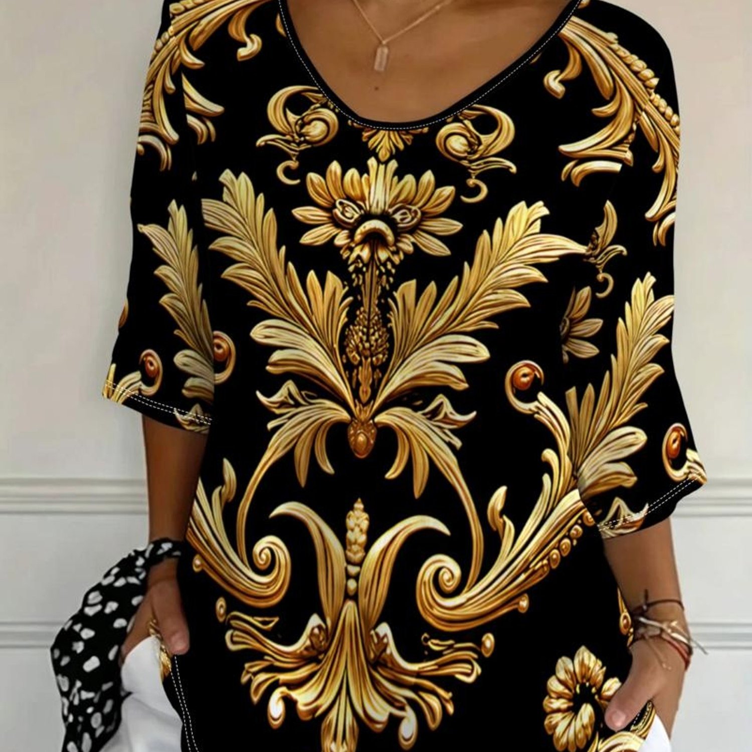 TEMU Plus Size, [printed Design - Not Textured] Plus-size Women's Top, Mixed Colors, Multiple Sizes , Ornate Golden Pattern, Luxurious Baroque Style,