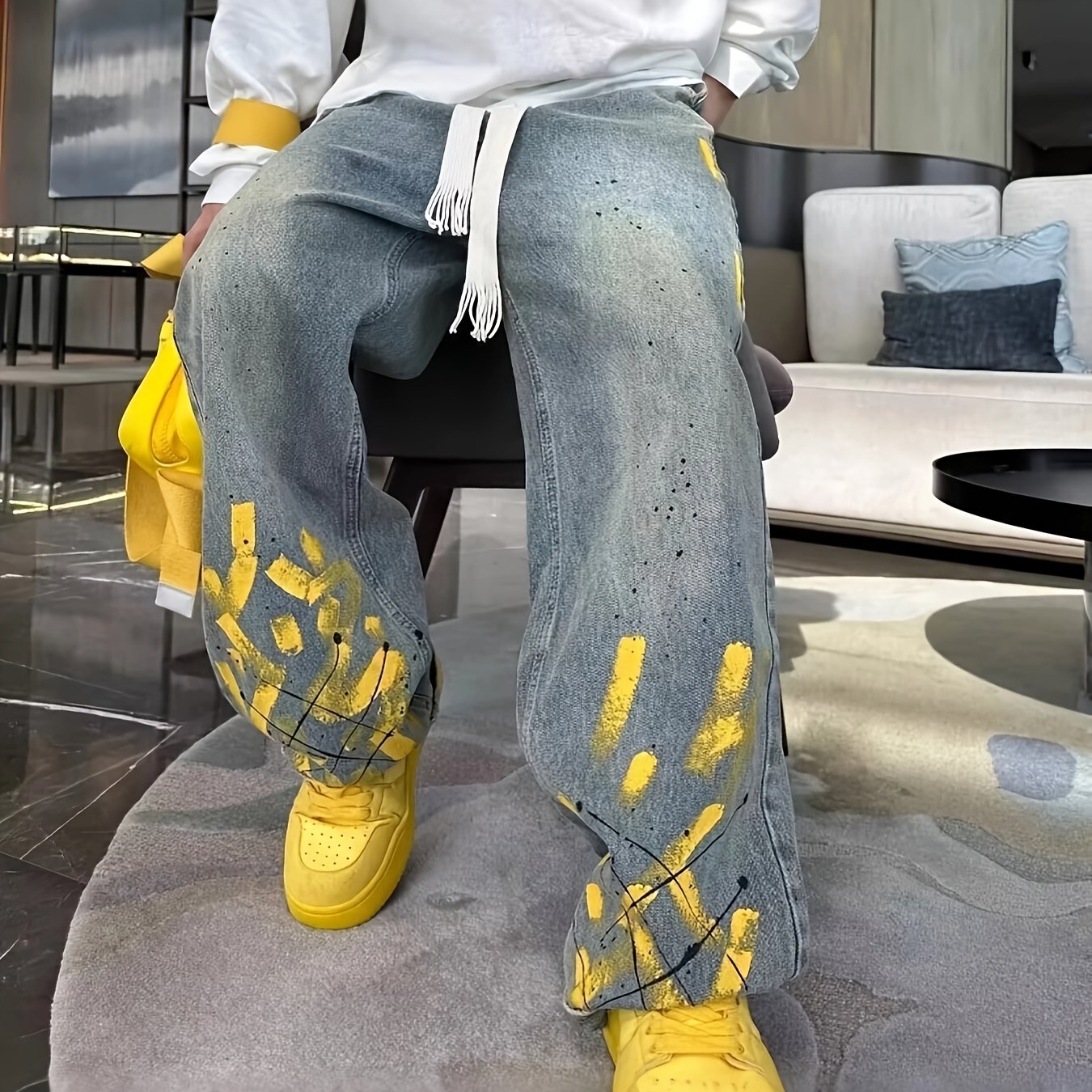 Light Blue Jacquard Jeans For Men And Women Autumn Pants Vibe Straight Flared Trousers