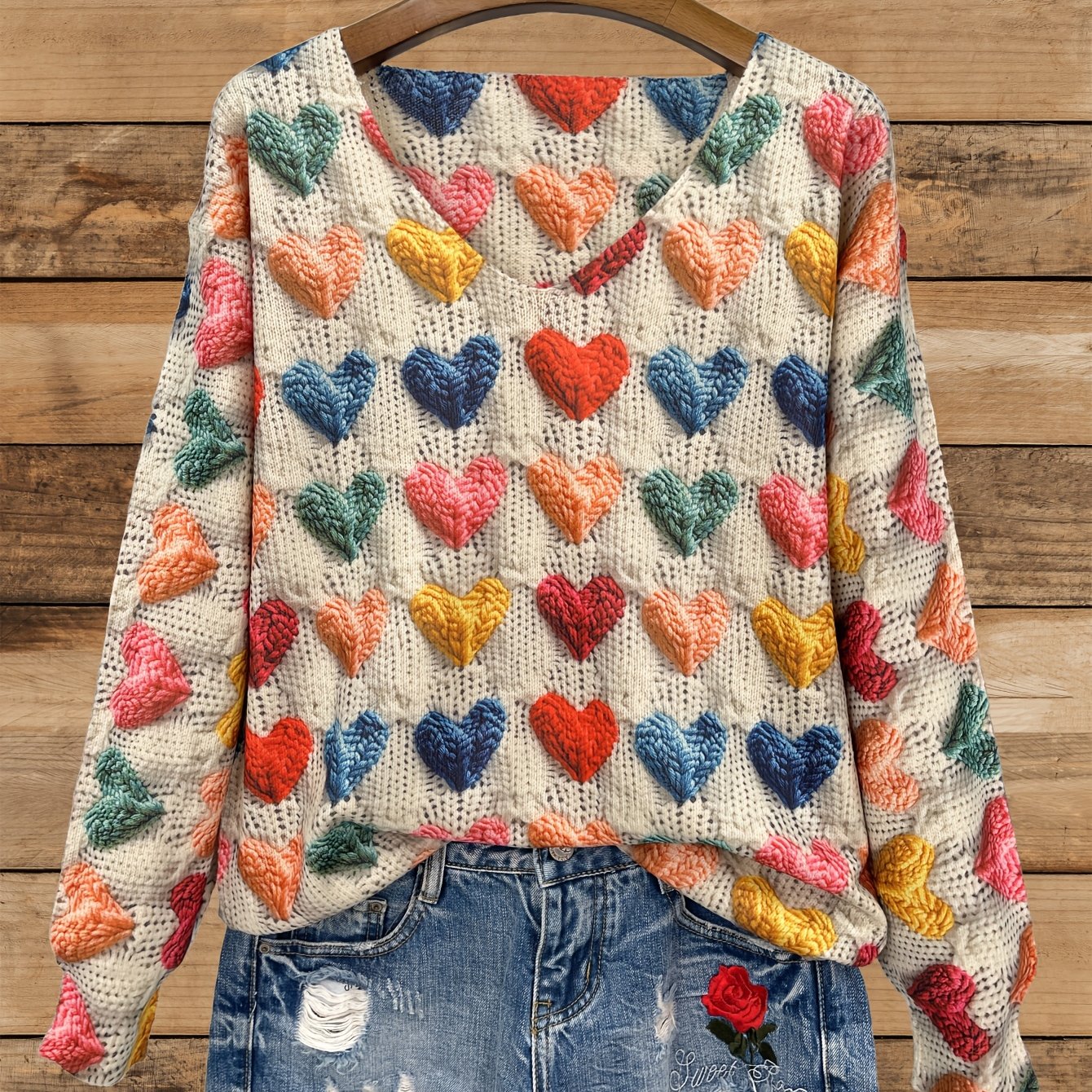 E-shop [Gedrucktes Design - Nicht strukturiert] [Allover-Druck] [Dünn] [V-Ausschnitt] [Pullover] Allover-Druck Liebesdruck Bunter Liebesmuster-Druck