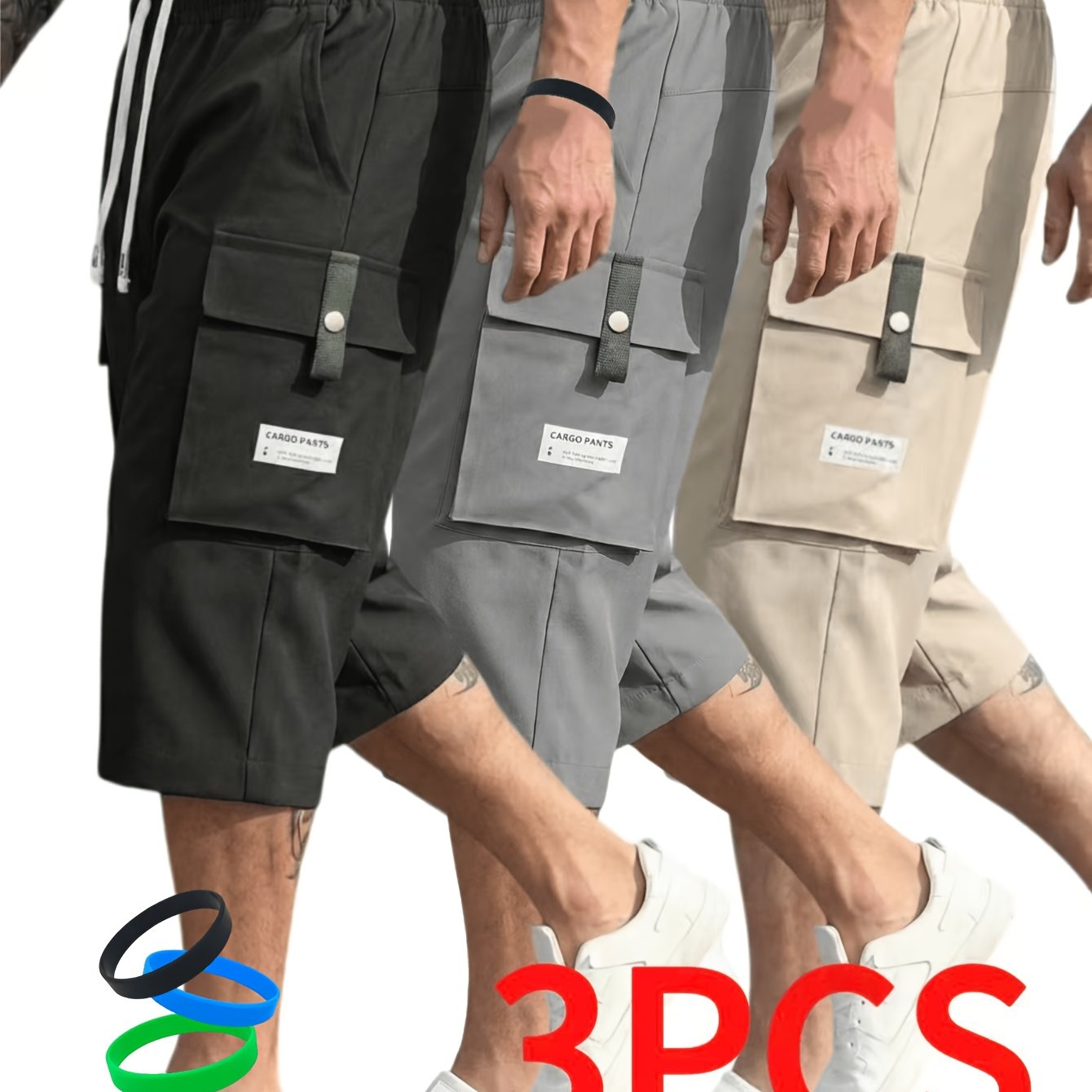 TEMU 3pcs Men's Summer Cargo Shorts | Durable Polyester Non-stretch Fabric, Casual Sporty Style, Regular Fit With Drawstring Waist, Large Pockets &