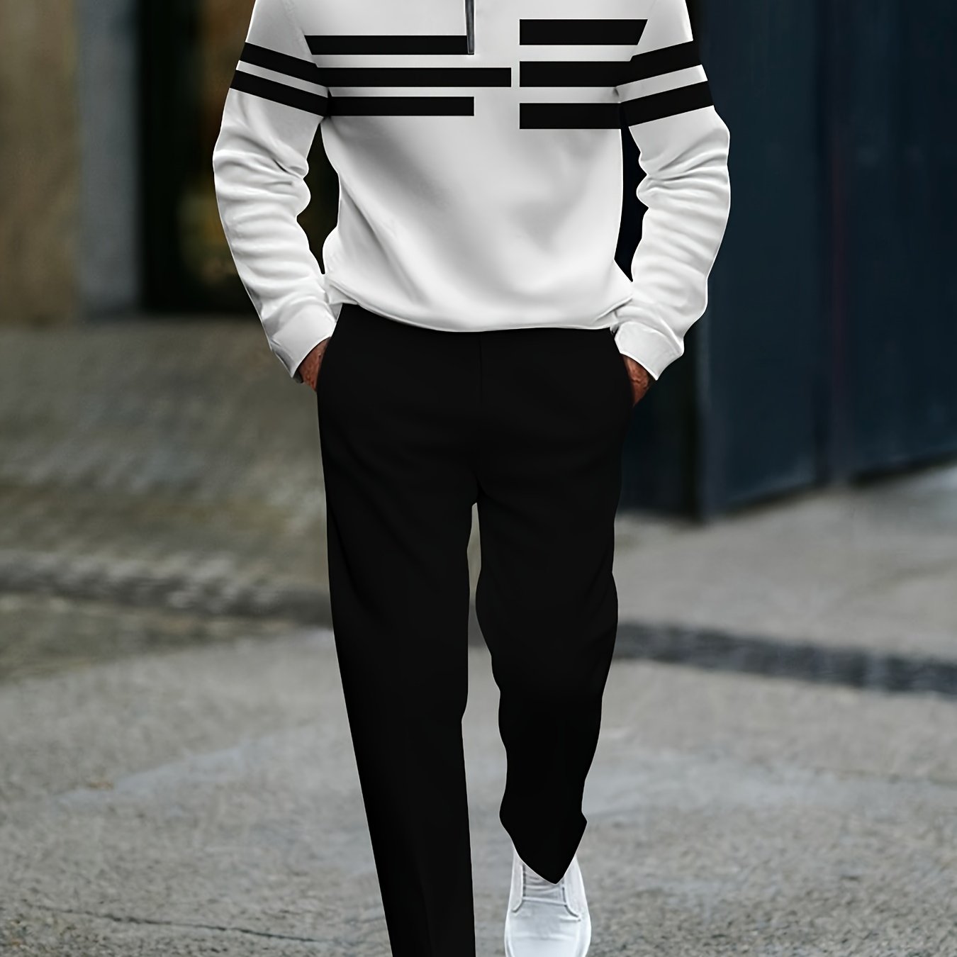 TEMU Men's Casual Sports Suit | Block Splicing, Fashionable And White Collar Half-   Trousers, Suitable For Daily And Commuting, 2025 Autumn New,