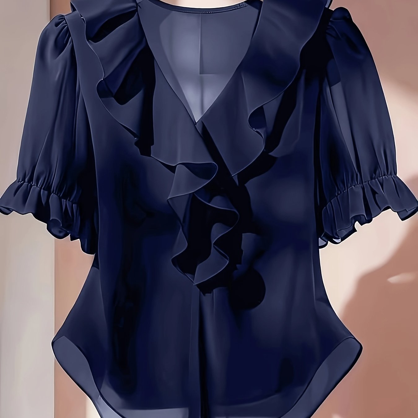 TEMU Plus Size, Plus Size Women' Color Ruffle Collar Short Puff Sleeve Fashionable Blouse Ruffle Blouse Chiffon Blouses For Women