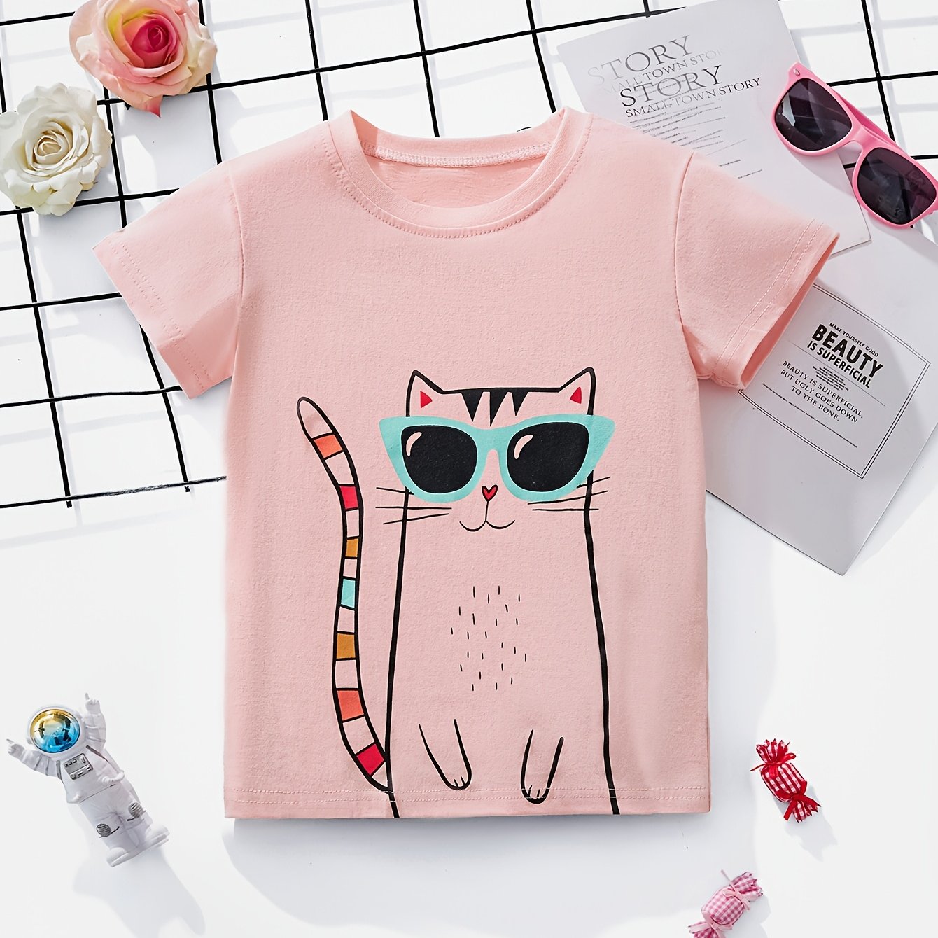 Image of Little Bitty Kids Short Sleeve T-shirt, Cool Cat Print Pattern, Summer Fashion Trendy Style