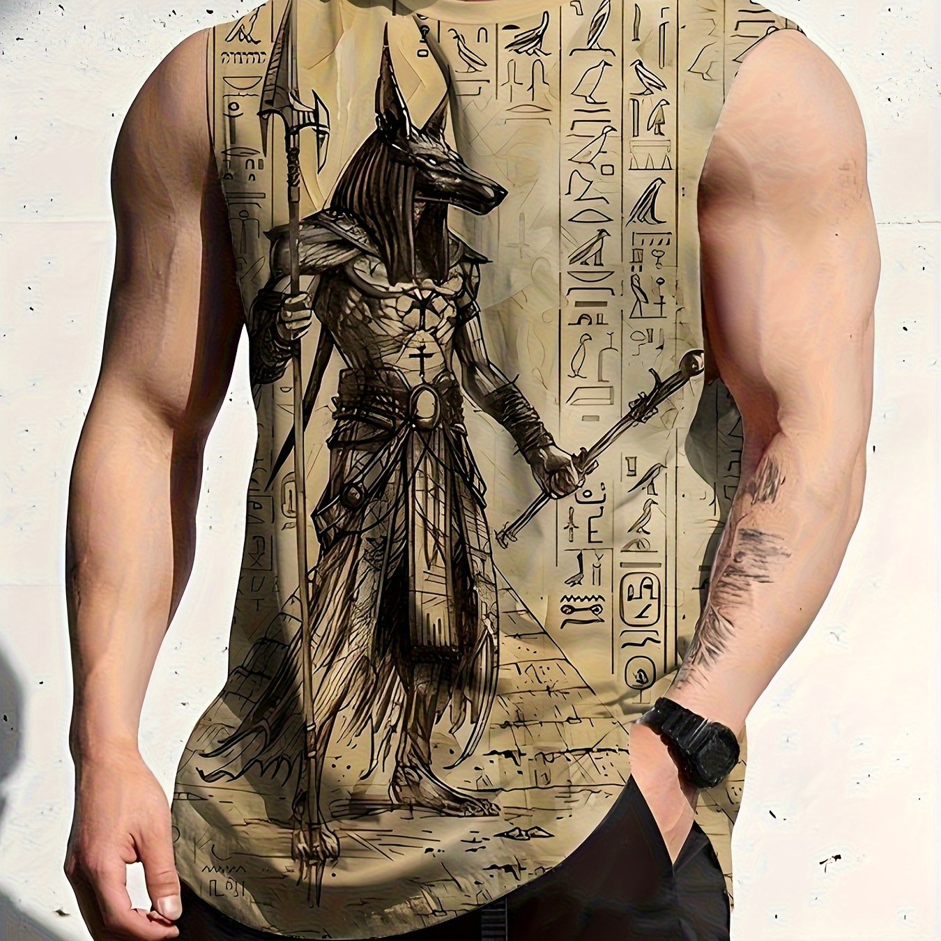 TEMU Men's Plus Size Sleeveless Tank Top - Ancient Egyptian Print, Ancient Egyptian Pattern, Fashionable Round Neck Summer Tank Top, Medium Stretch