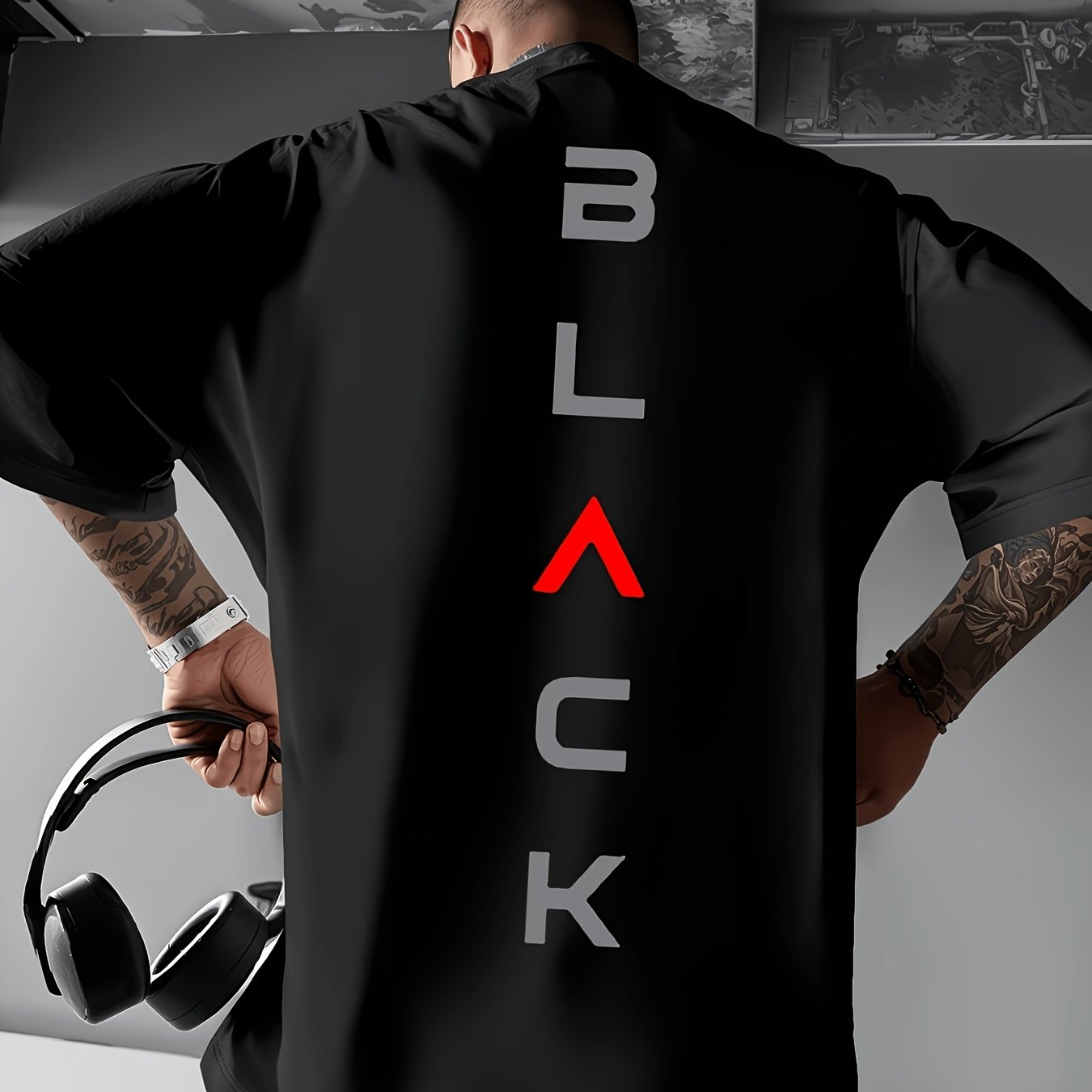 TEMU Men's Minimalist Black Red Contrast T-shirt - "bla" Letter Print, Casual Wear, Street Style, Men's Round Neck Tee, Loose Fit, Plus Size
