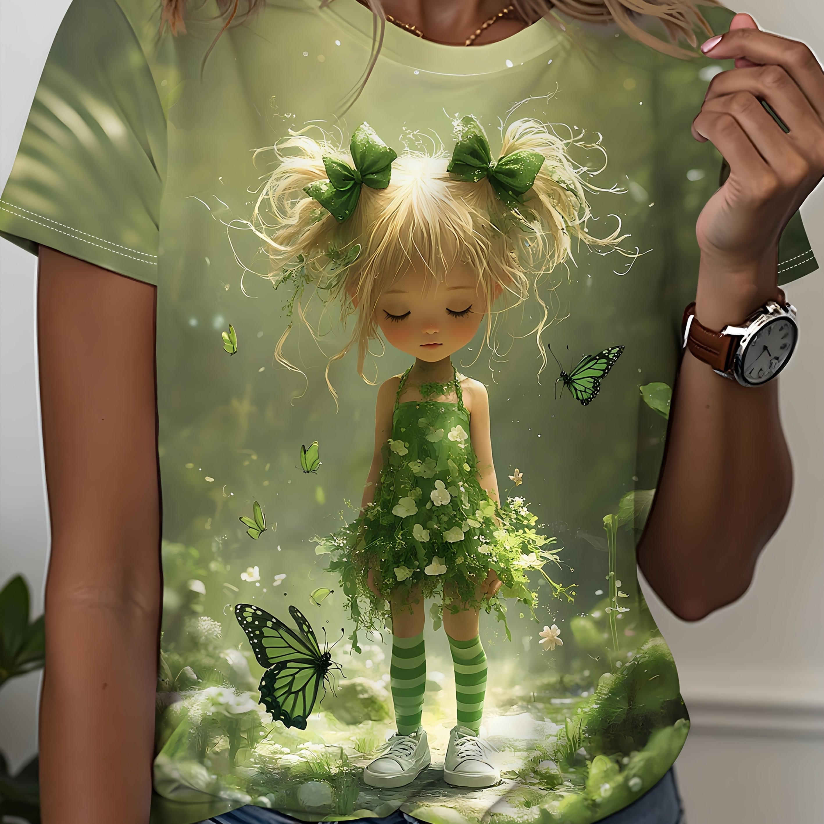 Image of Women' Elf Print Short Sleeve T-shirt, Surrounding Flowers And Grass Skirt Pattern, Romantic Item For Spring Travel